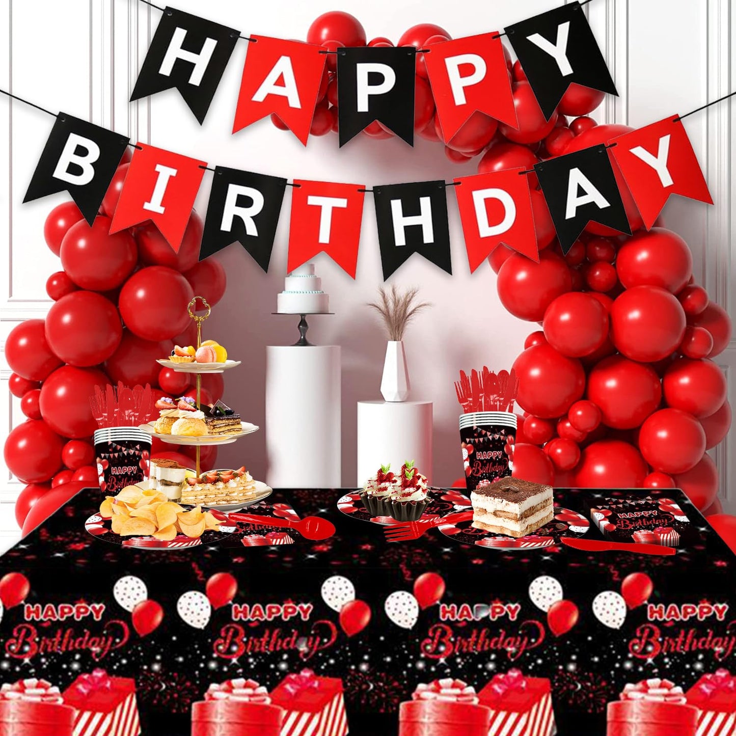 142Pcs Red and Black Birthday Party Tableware Set Inculde Plates Napkins Knives Forks Spoons Cups Banner and Tablecover Red and Black Birthday Party Decorations Supplies Serve 20