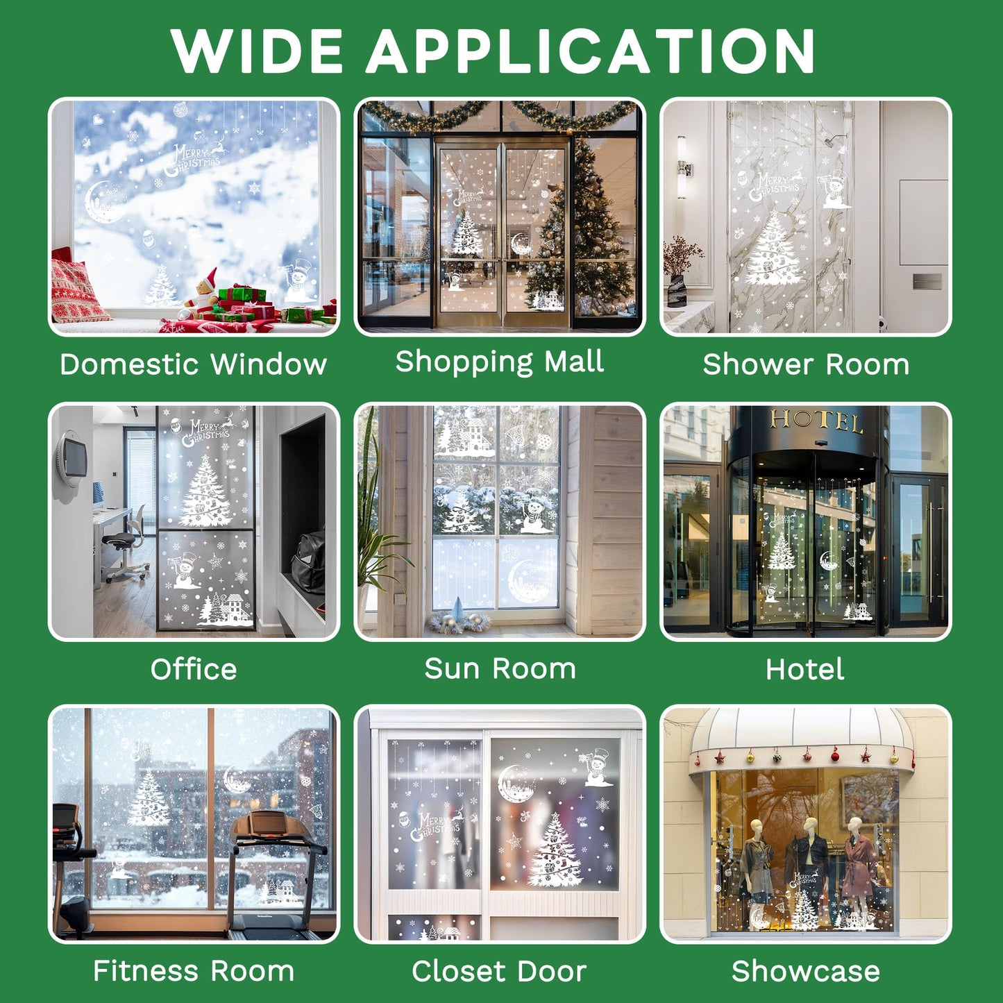 Joeyan Christmas Window Stickers, 9 Sheets Large Christmas Window Clings Decals White Double Sided PVC Snowflake Snowman Xmas Tree Scene Static Sticker for Christmas Decorations, 202 Pcs