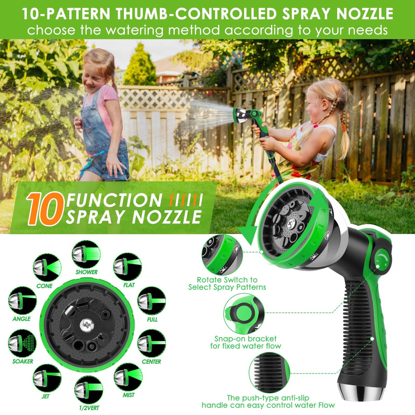 HORTICORA Non-Expanding Garden Hose 100 ft, Lightweight Hose & Flexible Water Hose With 10-Pattern Spray Nozzle, Kink-Free Design, Durable Leakproof Yard Outdoor Hose, Portable Storage Strap, 100 Feet