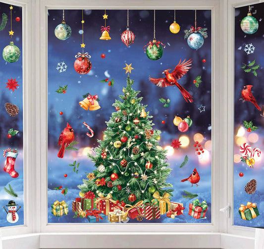 Whaline 6 Sheet Large Christmas Window Clings Watercolor Xmas Tree Cardinal Bird Pine Reusable Window Decals for Winter Holiday Party Home School Office Decor