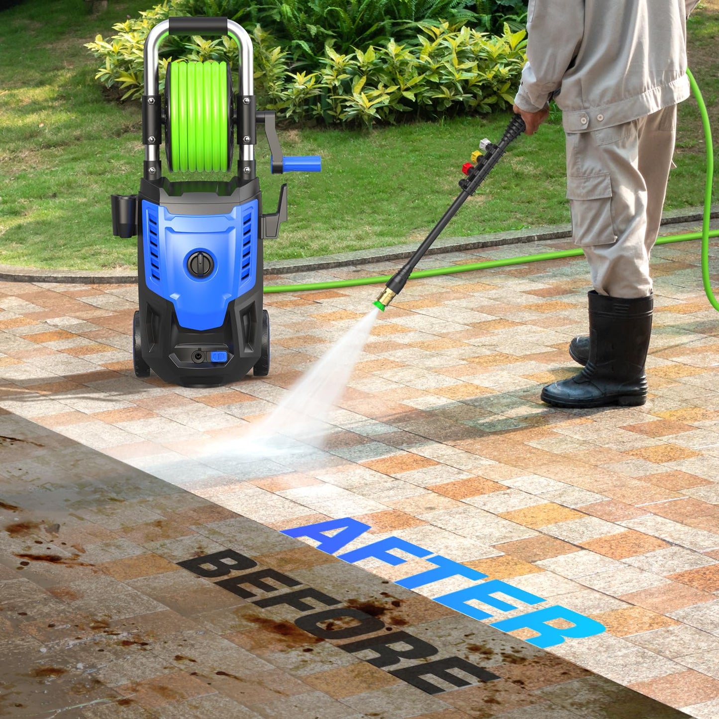 4800 PSI Electric Pressure Washer- 4.0 GPM High Power Washer with 33FT Hose Reel, 4 Spray Tips and Soap Bottle for Car Washing, Fence Cleaning, Patio Maintenance（Upgraded）(Blue)