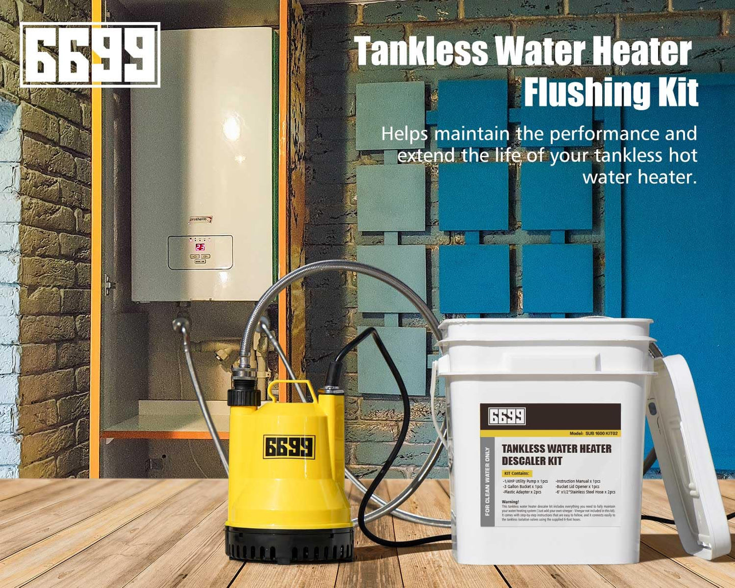 6699 Tankless Water Heater Flush Kit Includes 1/4HP Sump Pump with Two Adapters & 3 Gallons Pail with Bucket Lid Opener & Two 1/2” Dia X 6’ Hoses with Washers