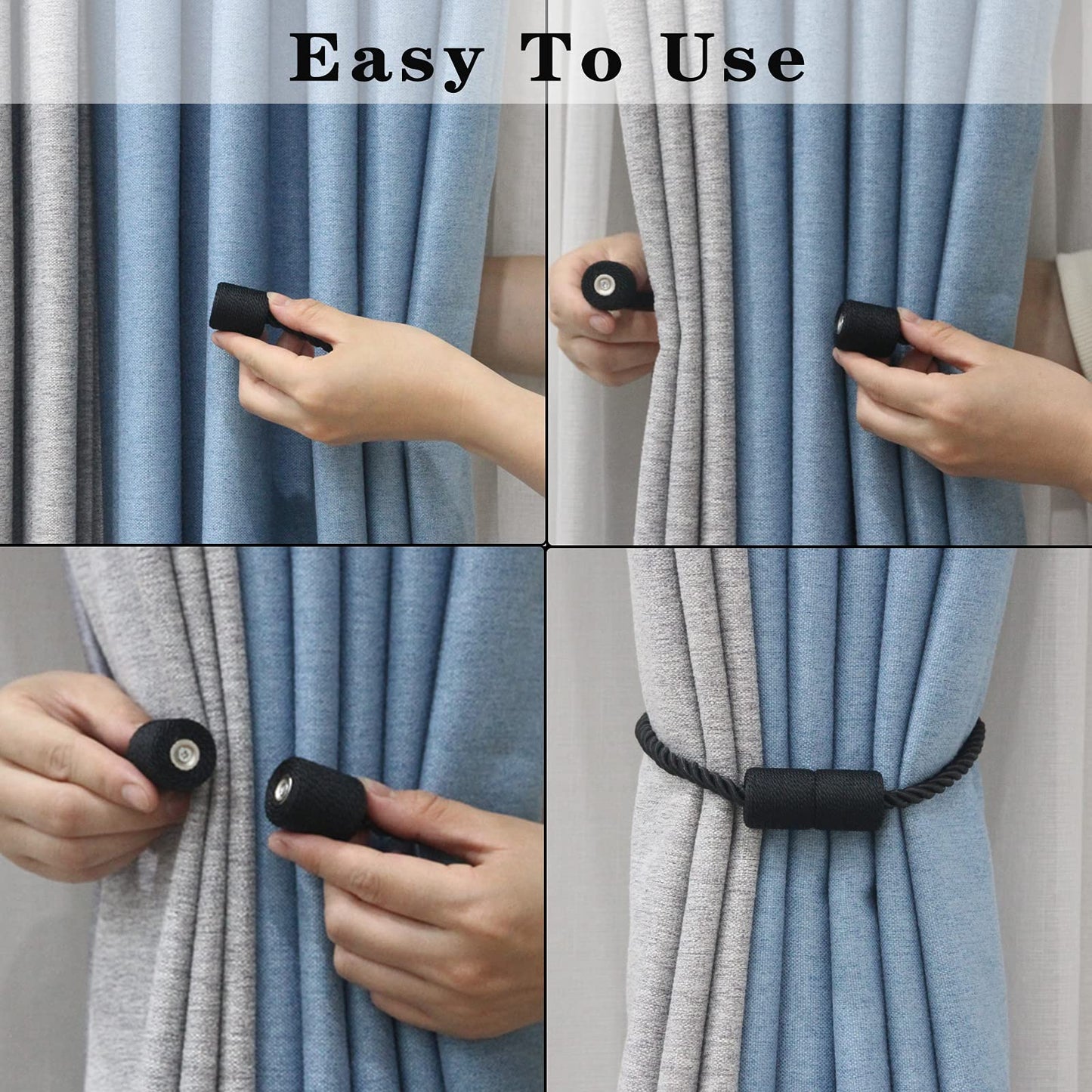 Porlau 2 Pack Black Strong Magnetic Curtain Tiebacks Outdoor Elegant Decorative Tie Backs Modern Rope Tiebacks for Drapes Window Curtain Holdbacks for Draperies