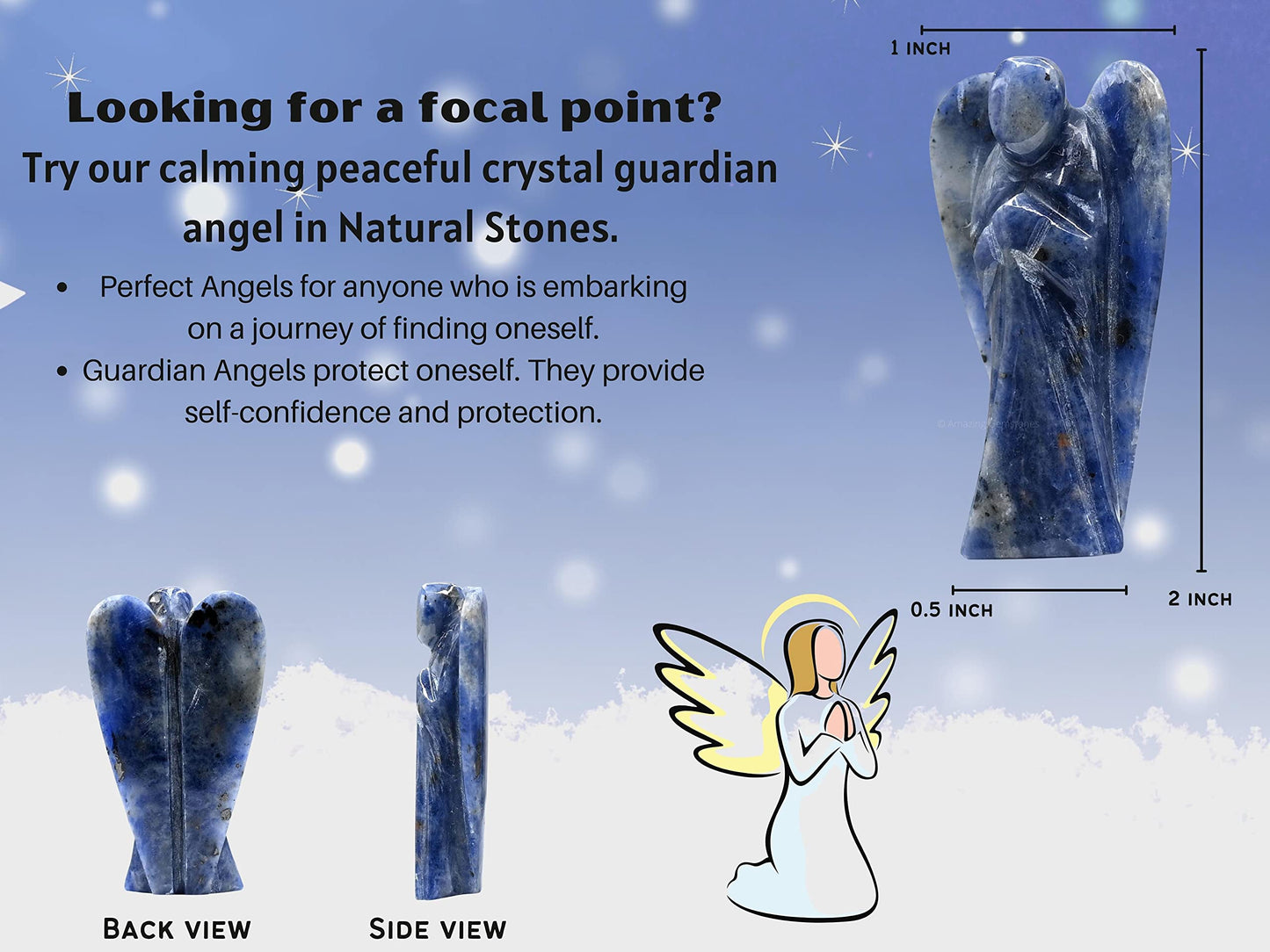Amazing Gemstone Sodalite Crystal Guardian Angel Figurines Ornament for Healing Birthstone, Decoration Statue (Hand Carved Pocket Gemstone Angel) (2 Inch)
