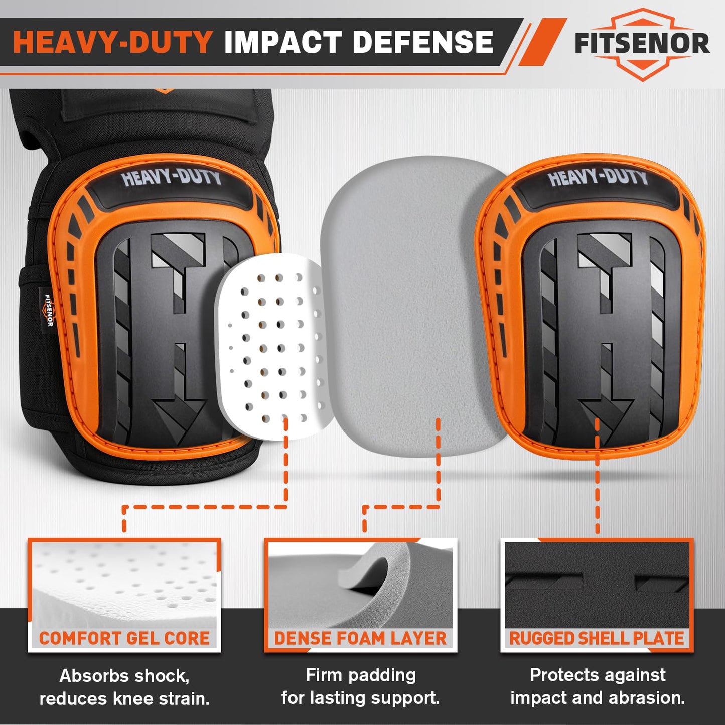 FITSENOR Knee Pads for Men Construction, Tactical Professional Knee Pads for Work, Protection, for Roofing, Gardening, Flooring, Cleaning, Construction Tools, Orange