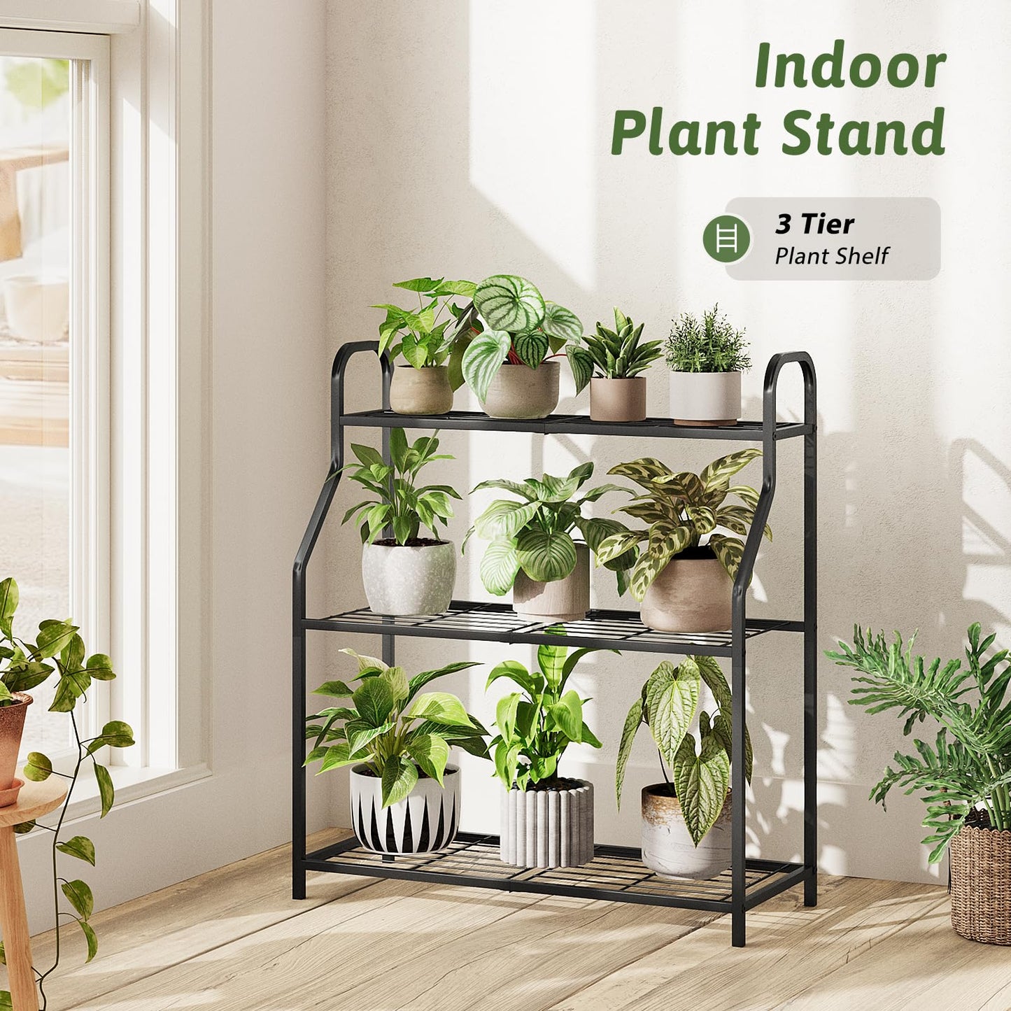 GENTINGBRO Plant Stand Outdoor 3 Tier Plant Stand Metal Plant Stands Waterproof Plant Holder Rack for Indoor Use Robust Flower Stand Plant Shelf for Living Room Balcony Garden Black