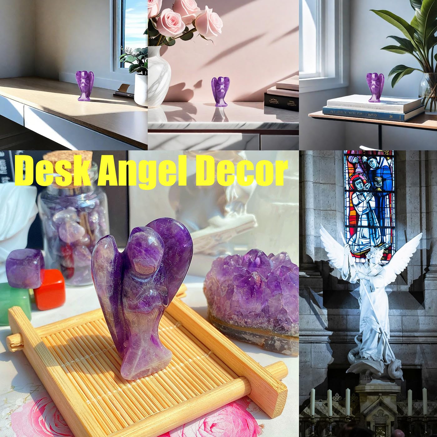 QINJIEJIE Amethyst Crystal Angel Crystals Healing Stones Guardian Angel Statue Pocket Gemstone Stocking Stuffers Purple Decor Polished Cute Carved Angel Figurine Spiritual Purple Gifts for Women Men