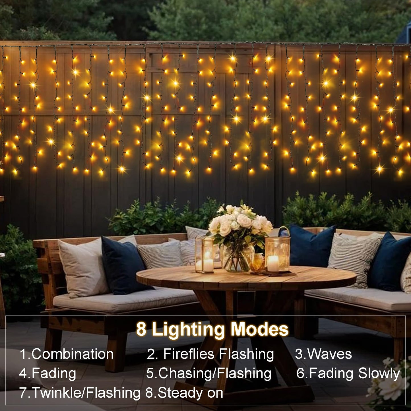 DBFAIRY Solar Curtain Lights, 13Ft x 3.3Ft 200 LED Outdoor Curtain Lights Waterproof Auto ON/Off 8 Modes for Garden Fence Patio Wall Decor (Warm White)