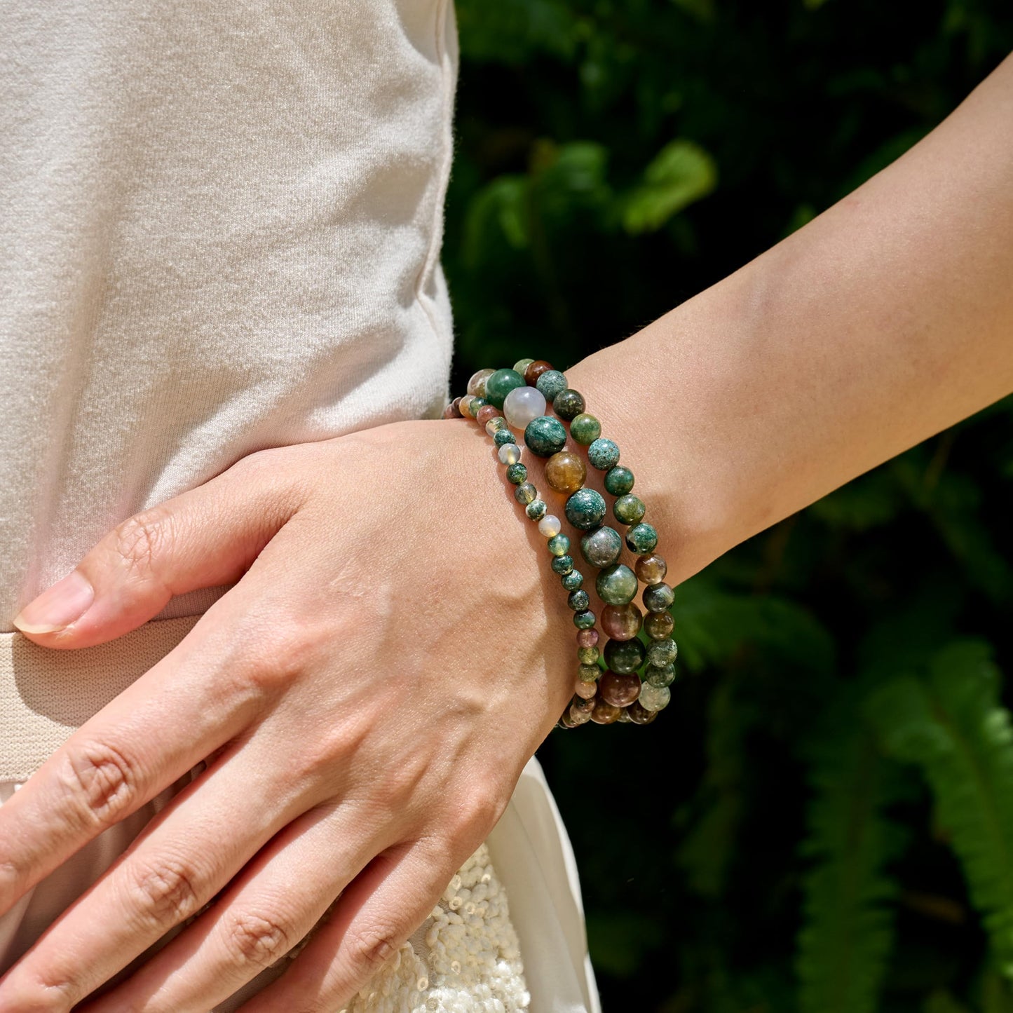 Bivei Indian Agate-Ancient Calm-4mm Beaded Bracelets for Women Handmade Semi Precious Natural Stone Stretch Elastic Jewelry Yoga Protection Gifts