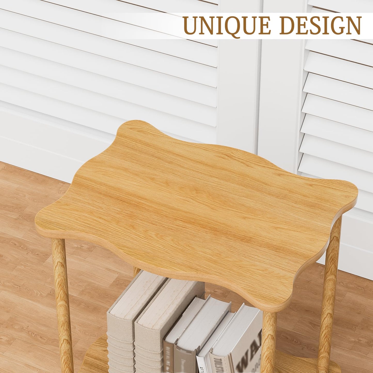 THUMEYE 2-Tier Low Side Table 17”H, Space-Saving Small Nightstand with Solid Wood Legs, Tool-Free Assembly, Suitable for Reading Chair, Bedside, Balcony, 15.7”D x11.8”W, Burlywood