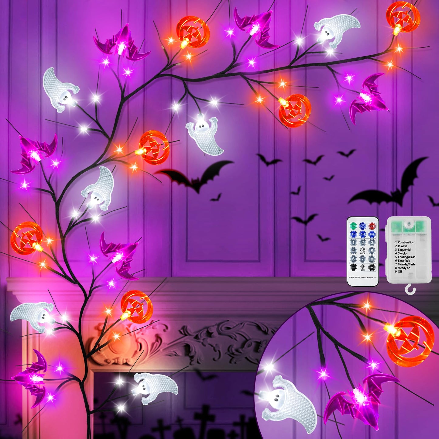 Sakayo [Timer] 6 FT Willow Vine Twig Halloween Decorations Garland with Pumpkin Bat Ghost Lights, 8 Modes Waterproof Battery Operated Halloween Lights Indoor Home Wall Window Mantle Party Decor