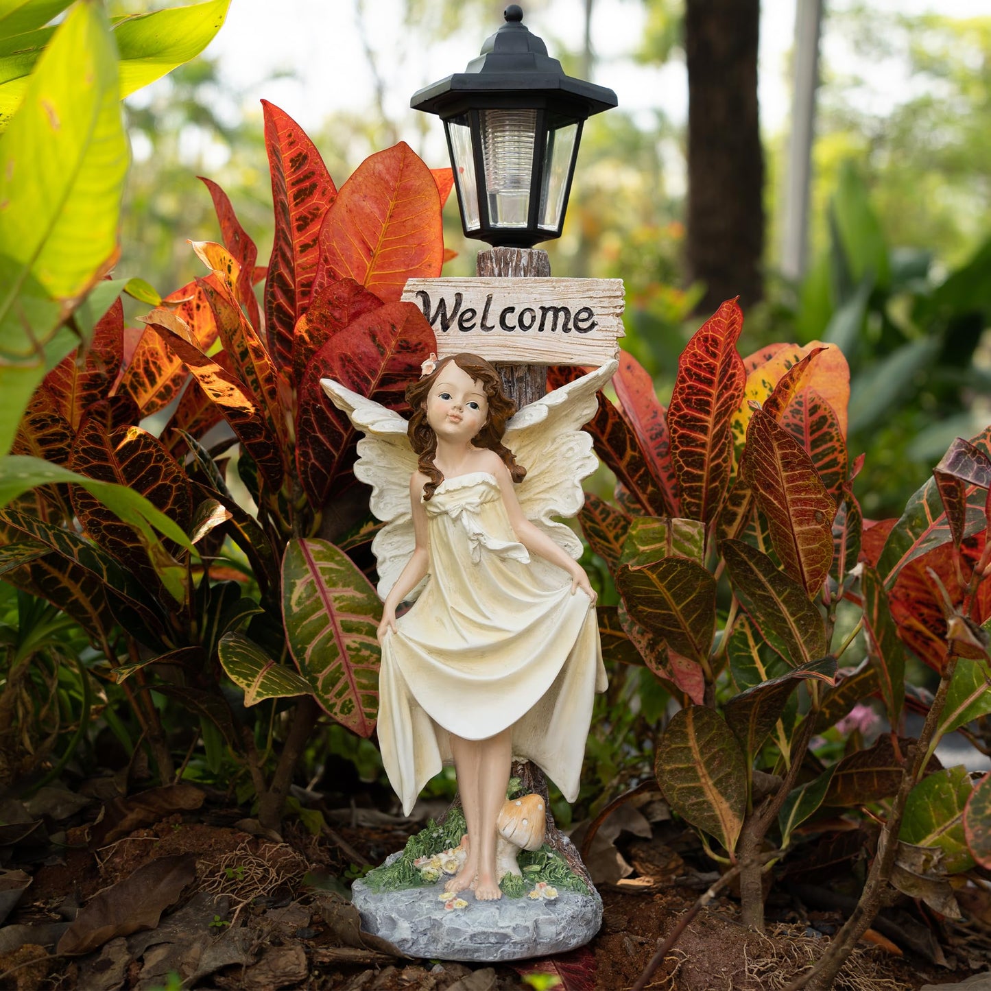 Floryden Garden Fairy Solar Light Welcome Sign, 22" in Height, Decorative Outdoor Statue with Auto Light-Up Feature