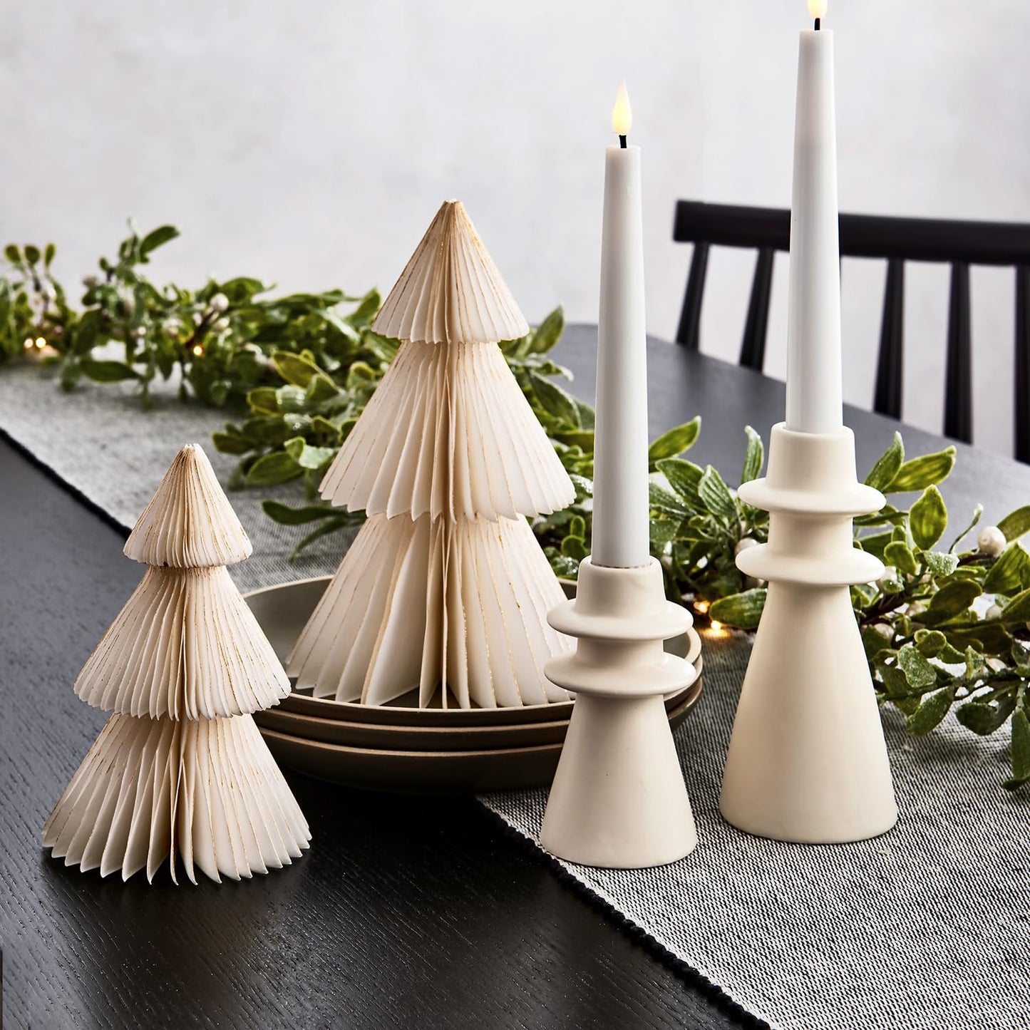 LampLust Paper Christmas Tree Decor, 2 Pack Honeycomb Paper Trees, 6 & 8 Inch, White & Gold Glitter Edge, Holiday Table Centerpieces, Christmas Table Decor, Winter Decorations