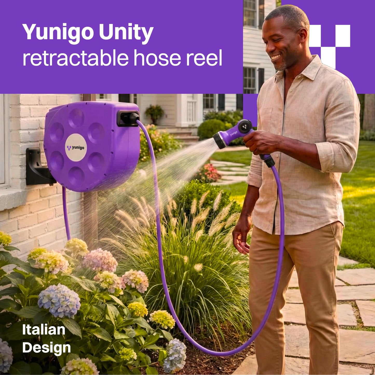 YUNIGO UNITY 100ft, Wall-Mounted Retractable Hose Reel, Slow Rewind, Complete System with Spray Nozzle, 180° Pivoting Mount, Fully Preassembled Compact System for Home & Garden Watering