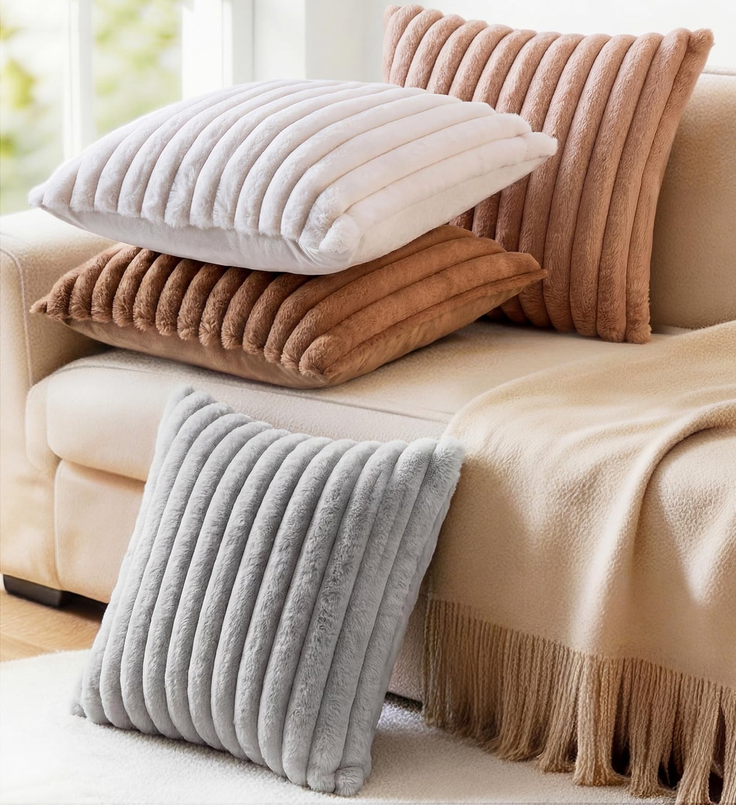 MEGAYES Set of 2 Decorative Throw Pillow Covers 18x18 Faux Fur, Soft Plush Striped Square Couch Cushion Cases with Velvet Back for Sofa Bed Living Room Modern Farmhouse Boho Euro, Neutral White