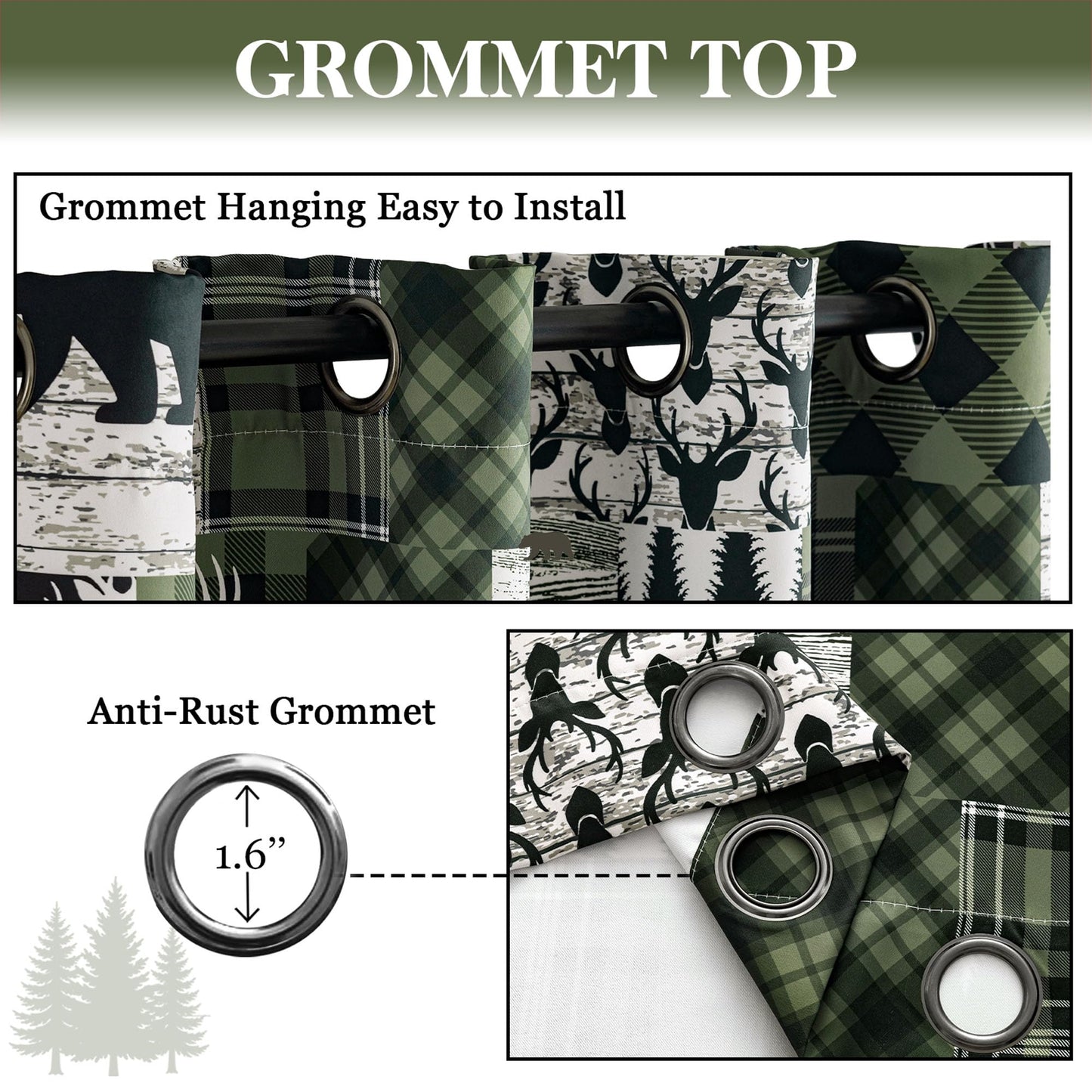 Dark Green Rustic Cabin Curtains 2 Panels Country Curtain 50% Light Blocking Darkening Grommet Window Treatments Farmhouse Patchwork Plaid Drapes Decorative for Living Room Bedroom, 52x96 inches