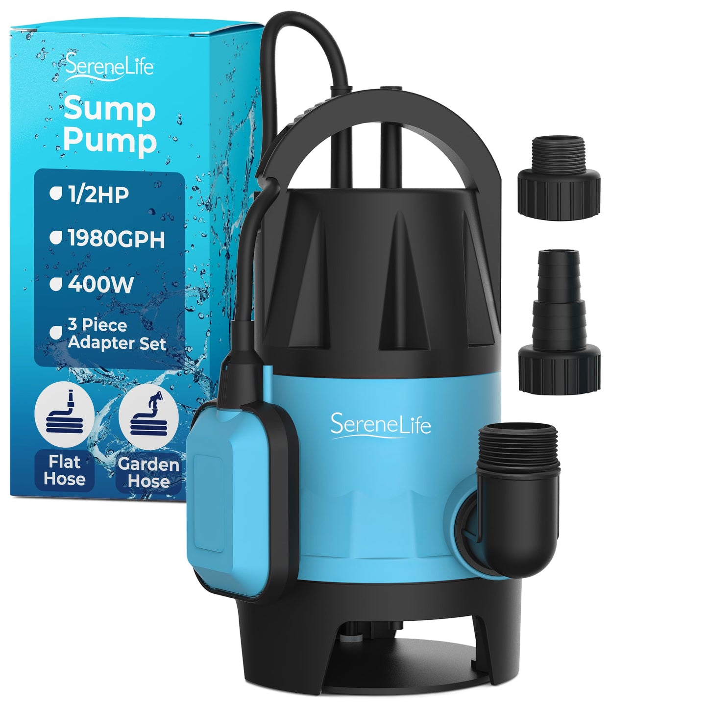 SereneLife 400W Submersible Pump Clean Dirty Water Powerful Utility Sump Pump Auto Float Switch,16 ft. Cord, Basement, Yard, Swimming Pool, Pond, Flooded Area, Garden or Flat Hose