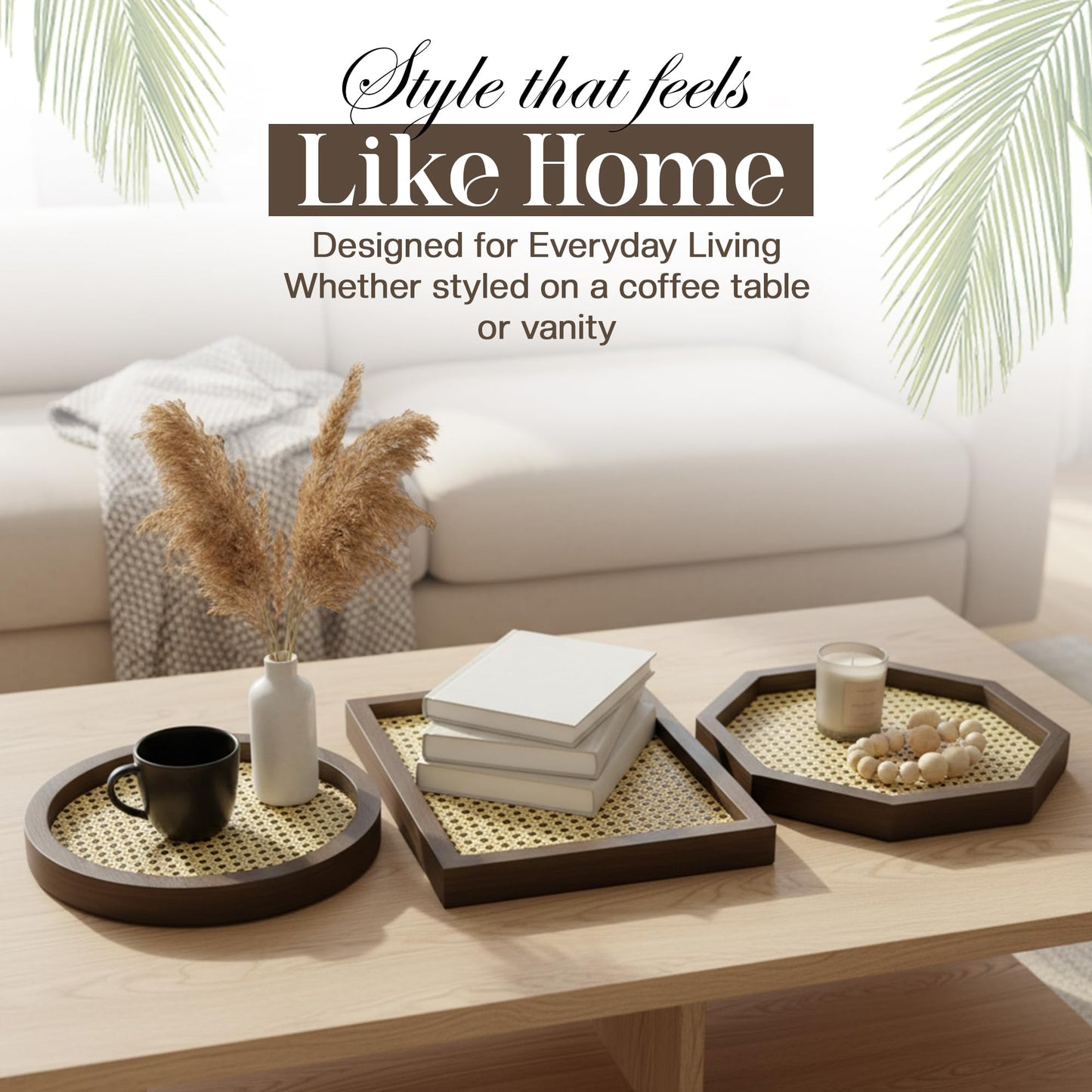 Apolos Co Decorative Tray Set of 3 - Handwoven Rattan Coffee Table Trays with Dark Wood Frame - Modern Boho Design Wicker Tray for Living Room, Centerpiece Décor - Round, Rectangular, Geometric Shapes