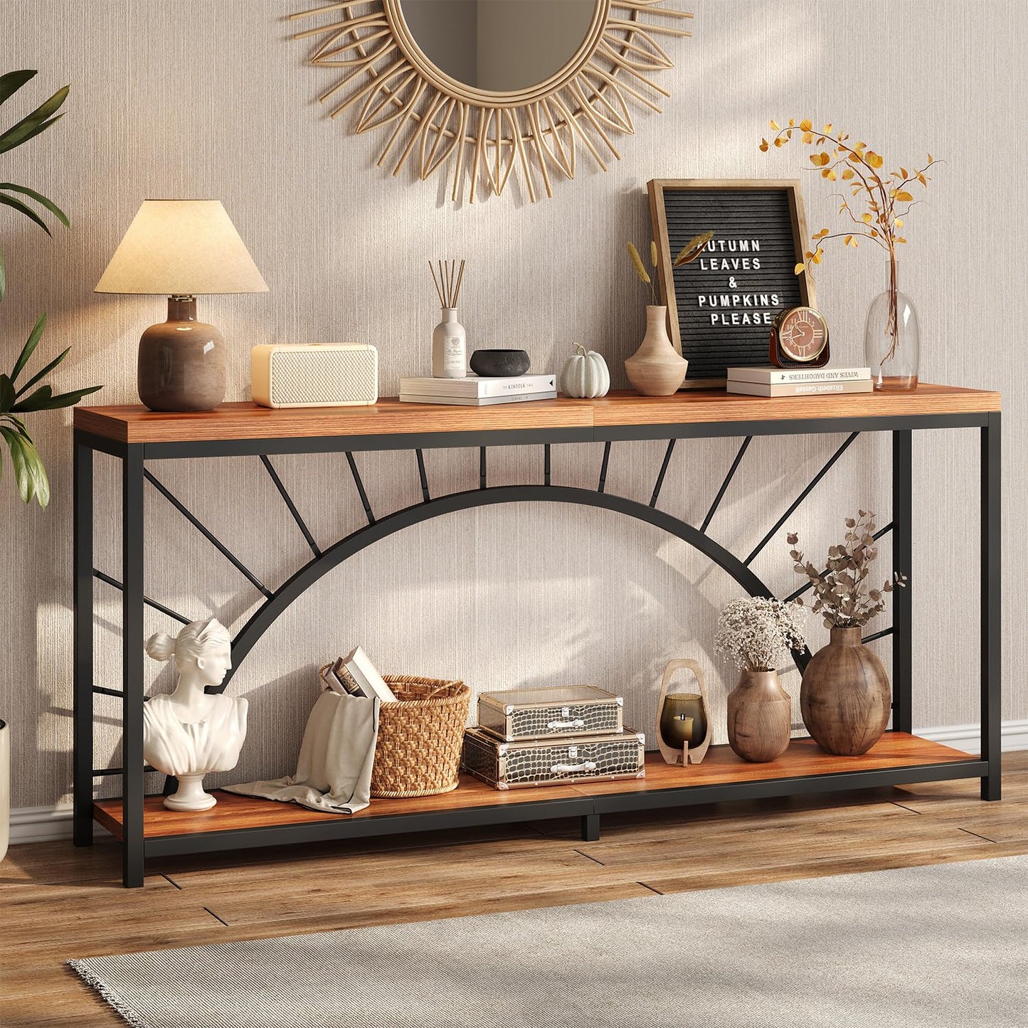 70.9 Inch Console Table, Extra Long Industrial Sofa Tables, 2-Tier Behind Couch Table, Foyer Tables for Entryway, Hallway, Living Room, Unique Design