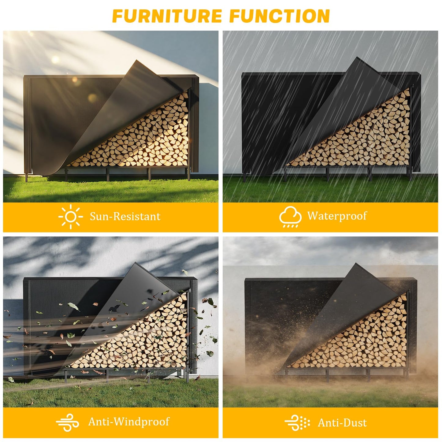 Outdoor Firewood Storage Holder with Cover, Heavy Duty Metal Indoor Log Stacker Rack with Weather Resistant 600D Oxford Fabric Cover, Wood Pile Storage Carrier Organizer Stand for Fireplace, Black