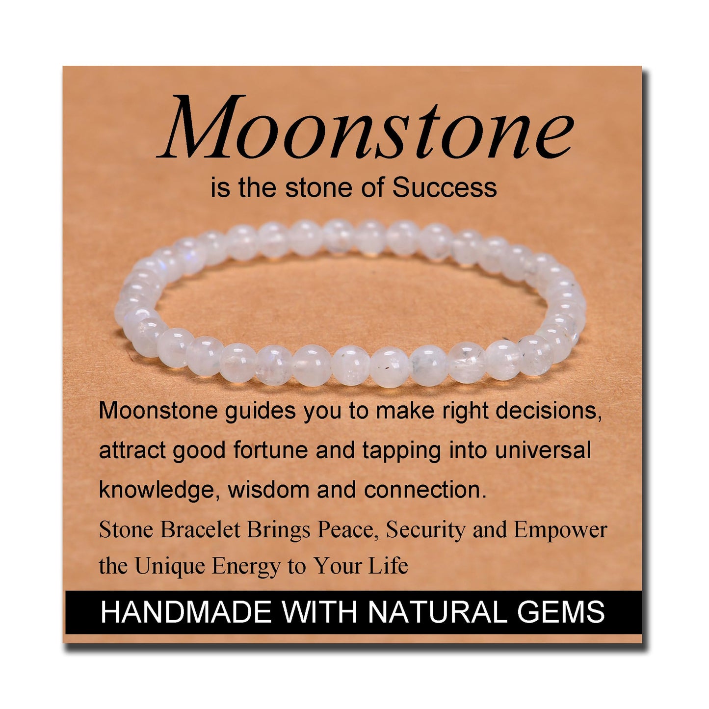 MASSIVE BEADS Moonstone - Success - Handmade Handmade Yoga Stretch Elastic Bracelet Natural Stone Crystal Healing Power Energy Gifts for Unisex Adult 4mm