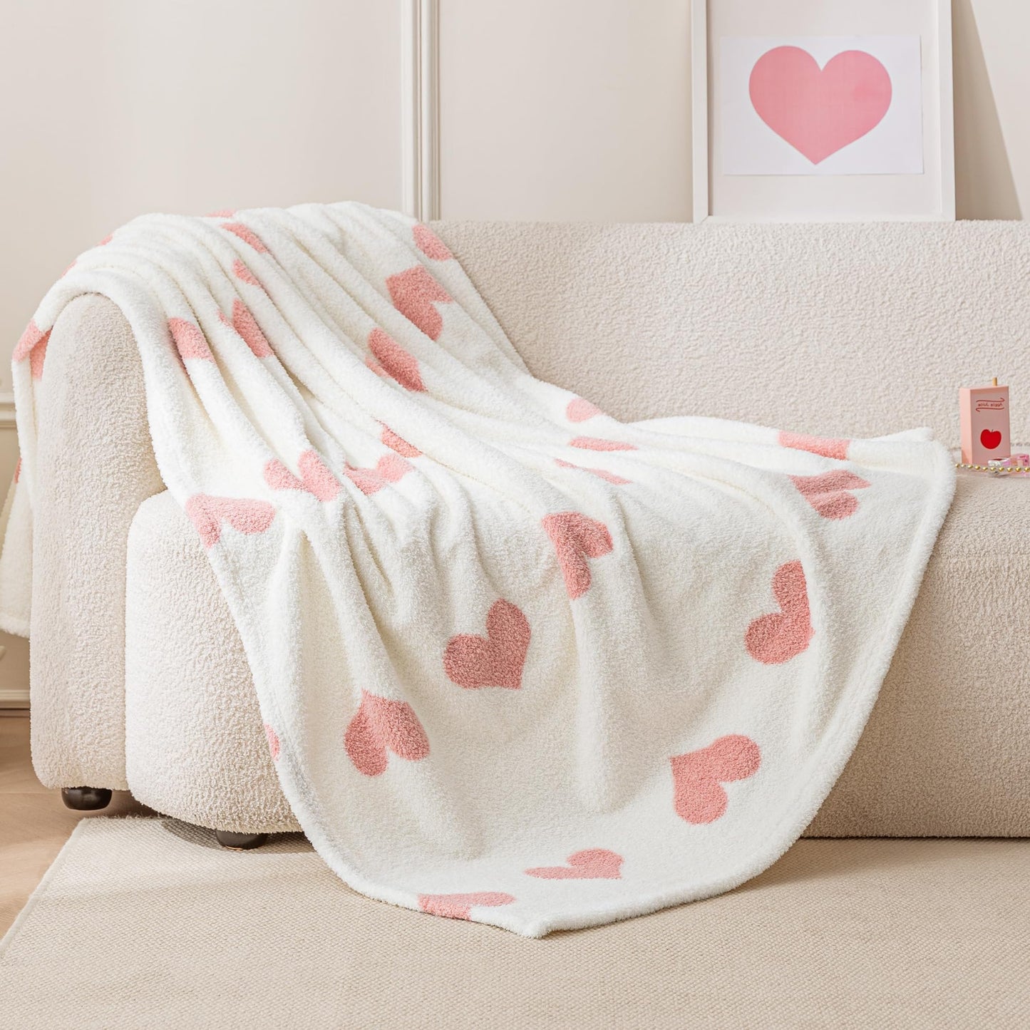 Amazon Basics Fleece Throw Blanket, Reversible Decorative Hearted Pattern for The Bed, Couch and Sofa, 50" W × 60" L, Pink Heart