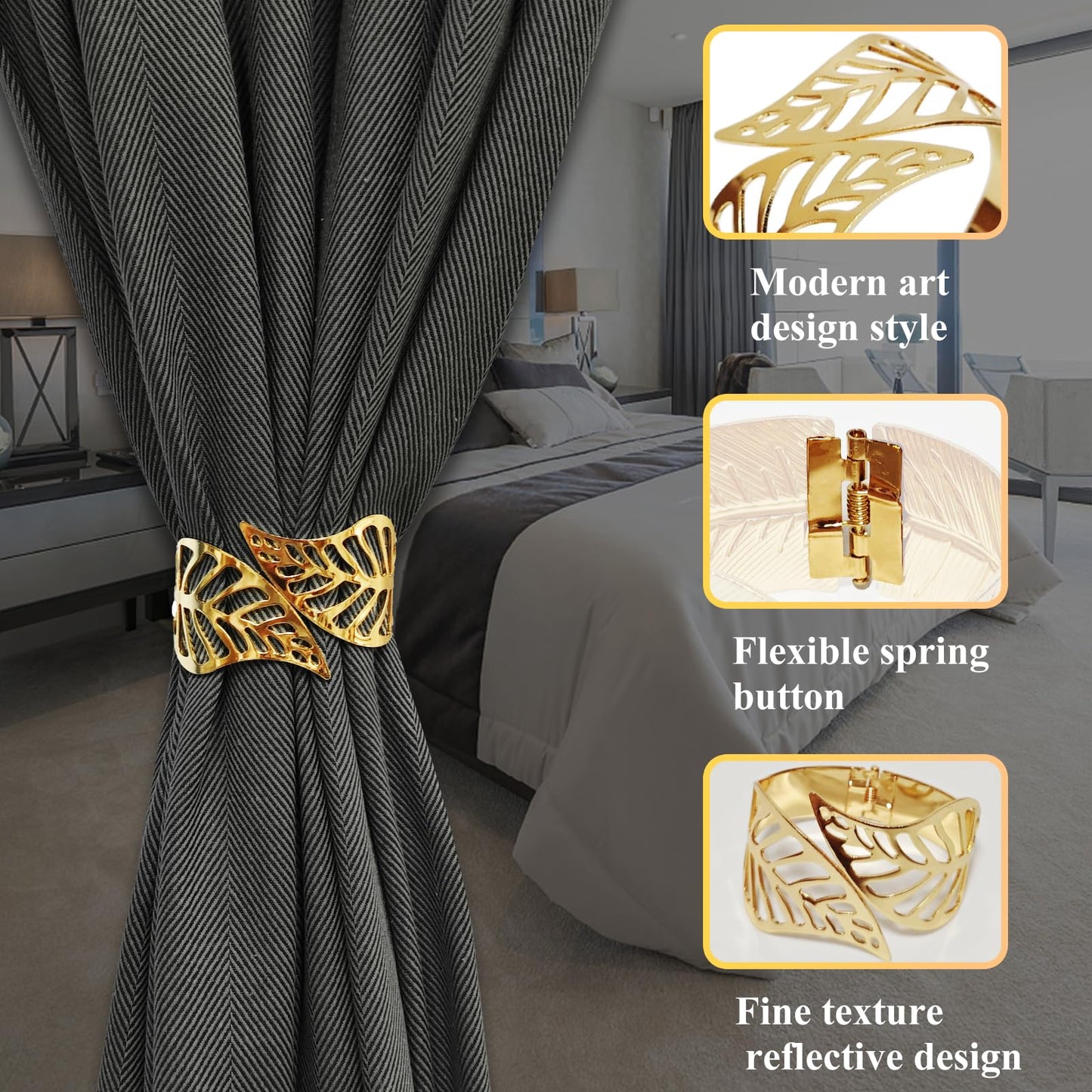 Curtain Tiebacks Curtain Holdbacks Aluminum Alloy Spring Design Gold Leaf Curtain Tie Simple Style Tiebacks for Drapes Or Curtain Ties Backs Curtain Modern Style Curtain Holdback Decorative (2 Gold)