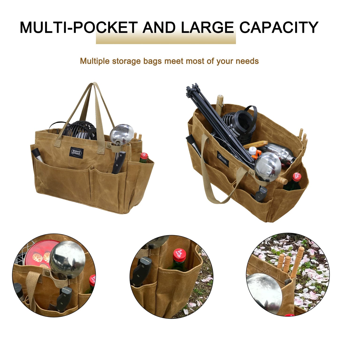 MYDAYS OUTDOOR Portable Garden Camping Tool Storage Bag,Waxed Canvas Firewood Carrier Tote bag,Collapsible Sturdy Garden Basket Great for Women, Gardener, Electrician, Repairer (Khaki)