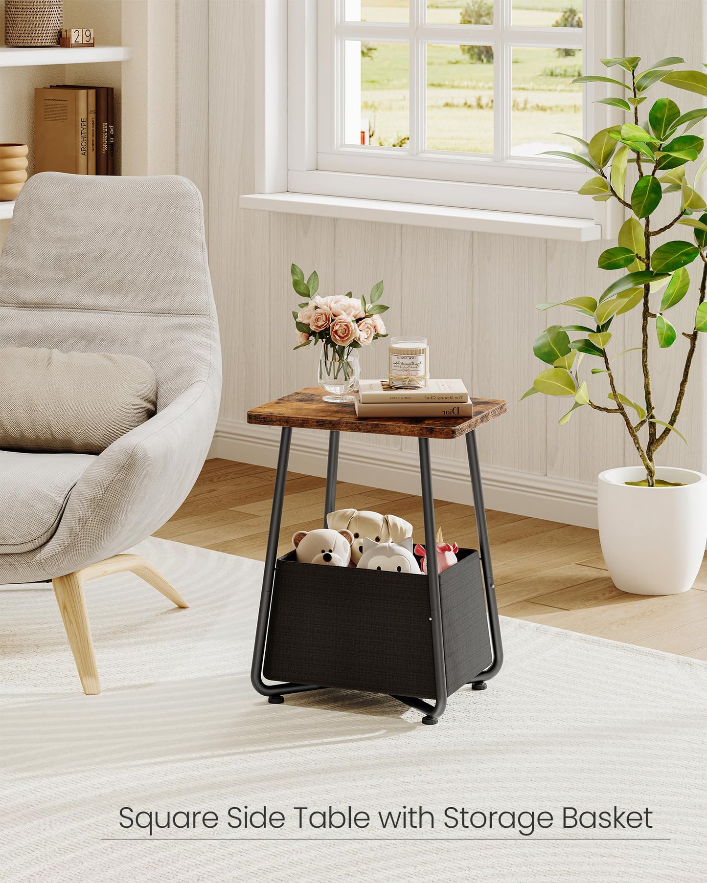 CHOEZON Small Nursery Side Table with Removable Fabric Basket, Compact End Table for Small Spaces, Space-Saving Nightstand for Bedroom Living Room, Rustic Brown TBZ13BF