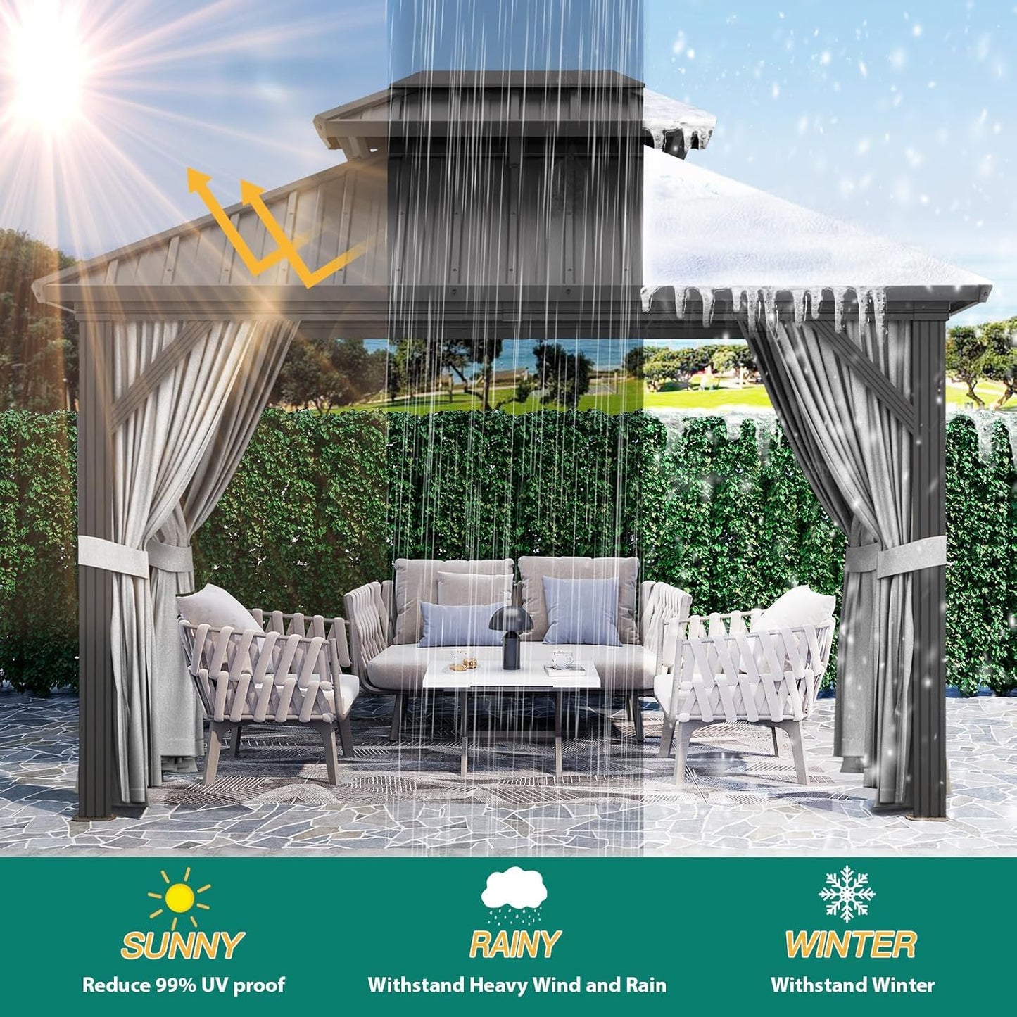 13'X10' Hardtop Gazebo, All-Weather Aluminum Frame Outdoor Canopy with Double Polycarbonate Roof, Permanent Outdoor Gazebo with Netting & Curtains for Garden, Lawns, Patio, Grey.