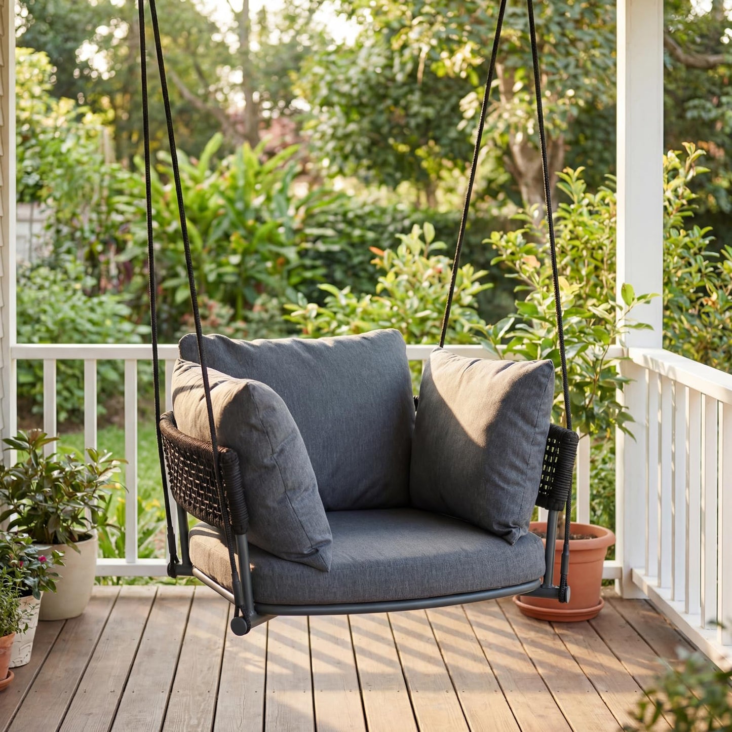 DAYAOUTDOOR Single Porch Swings Chair with Cushions, Hanging Rope Swing, Hanging Chair for Bedroom, Hammock Chairs Swing Indoor & Outdoor, Macrame Hanging Swinging, Patio, Balcony, Dark Grey