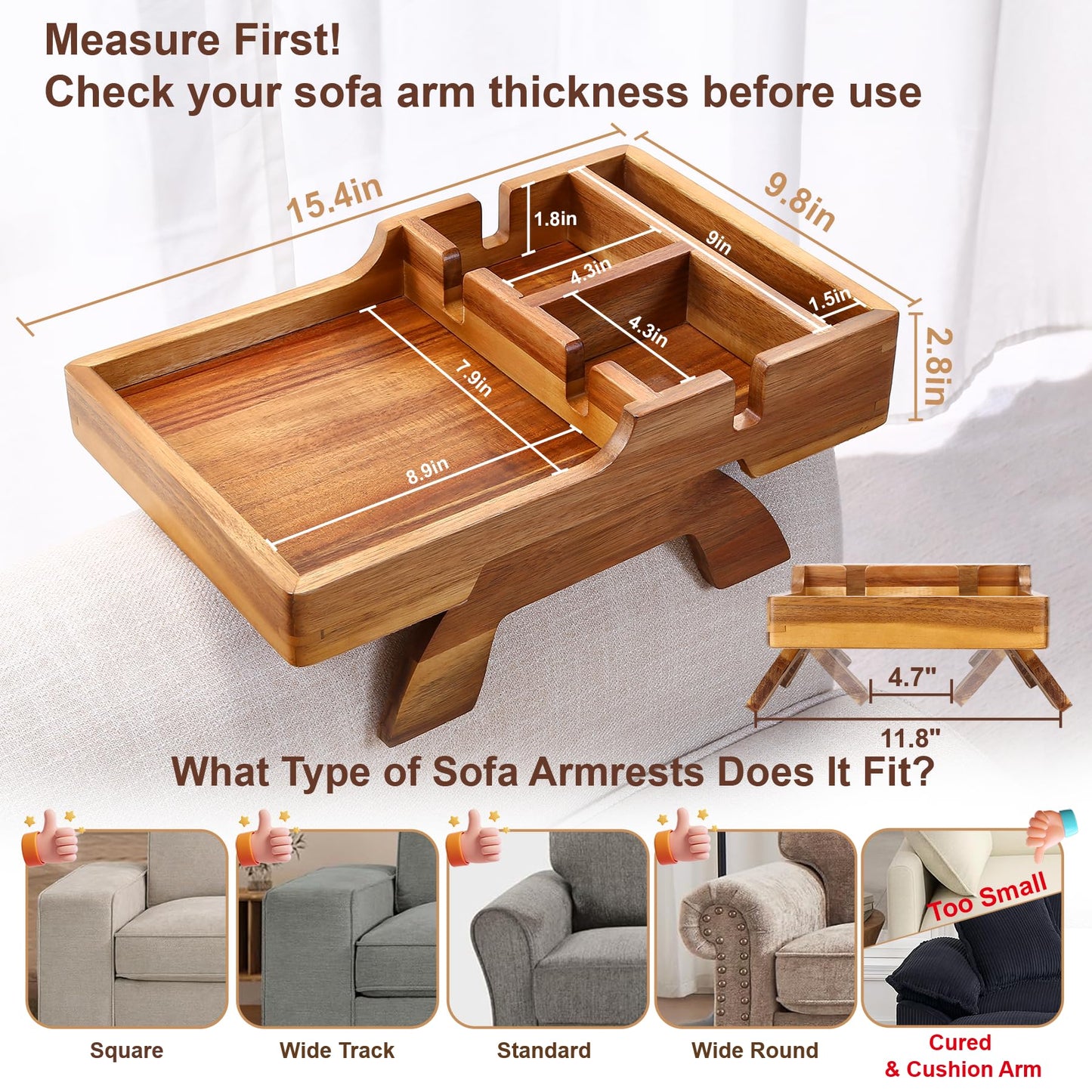 Acacia Wood Couch Arm Tray, 15.35"x9.85" Couch Armrest Table with Cup Holder, Foldable Desktop for Dual Use Sofa Arm Tray, with Non-Slip Feet
