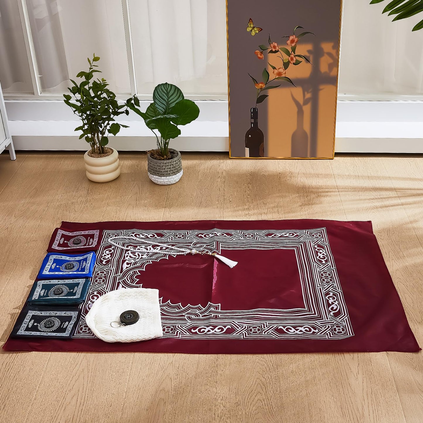 Mindsoft 8 Pcs Portable Travel Prayer Mat with Compass Islamic Waterproof Polyester Praying Rug with Pocket Sized Carry Bag for Muslim Ramada Eid Gifts (60 cm x 100 Cm)