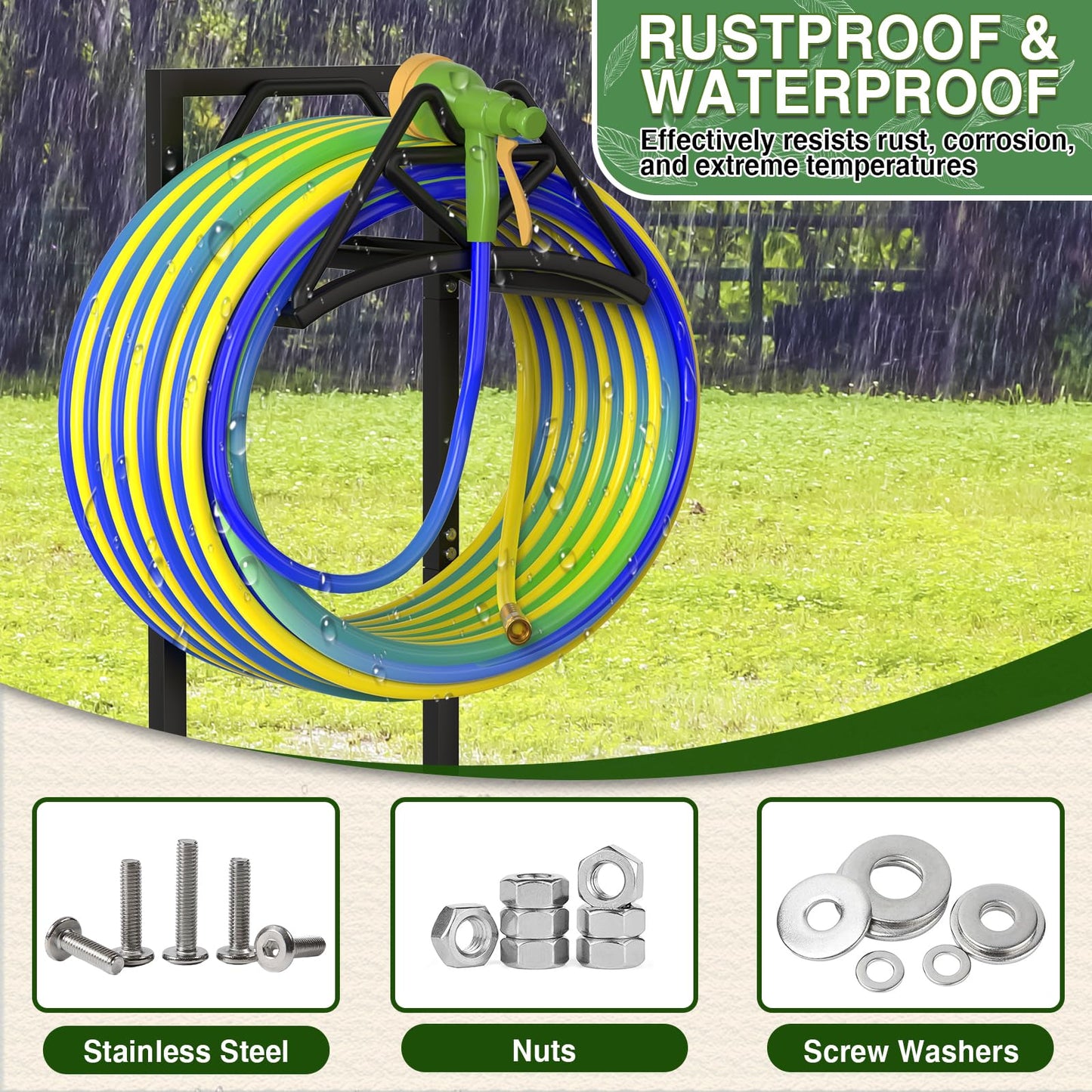 Qatsrin New Garden Hose Holder, Heavy Duty Freestanding Water Hose Holder Stand Holds 160-feet Hose, Detachable Hose Storage Reels Hanger Rack for Outside Yard Lawn Farm