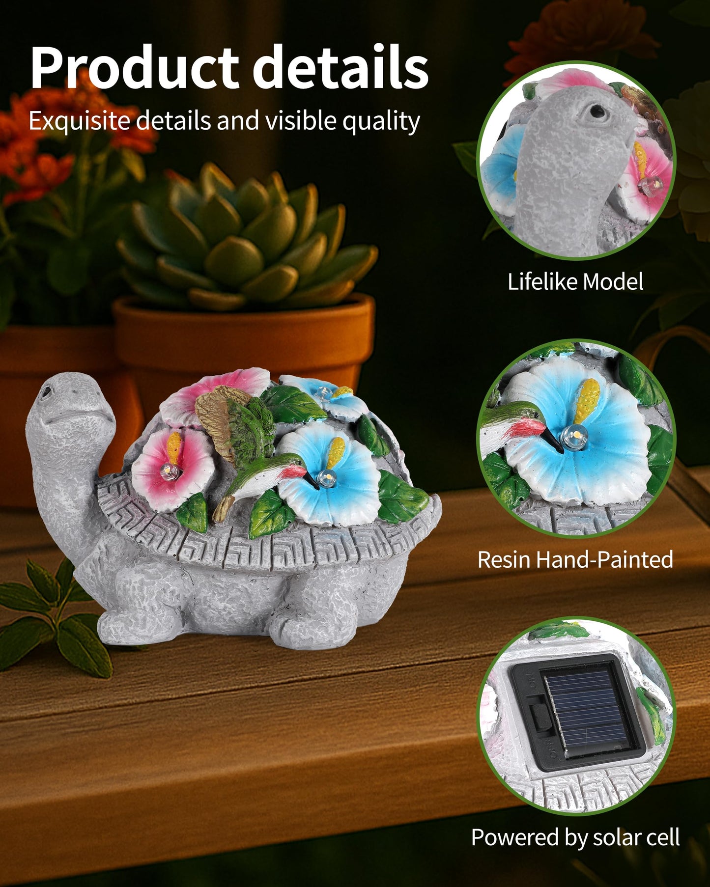 GoGnome Solar Turtle Figurine Lights with Hummingbird Flower 5.5-inch – Garden Statue for Outdoor Yard Decorations, Lawn Ornaments, Balcony Decor – Ideal Gift for All Occasions (Turtle)