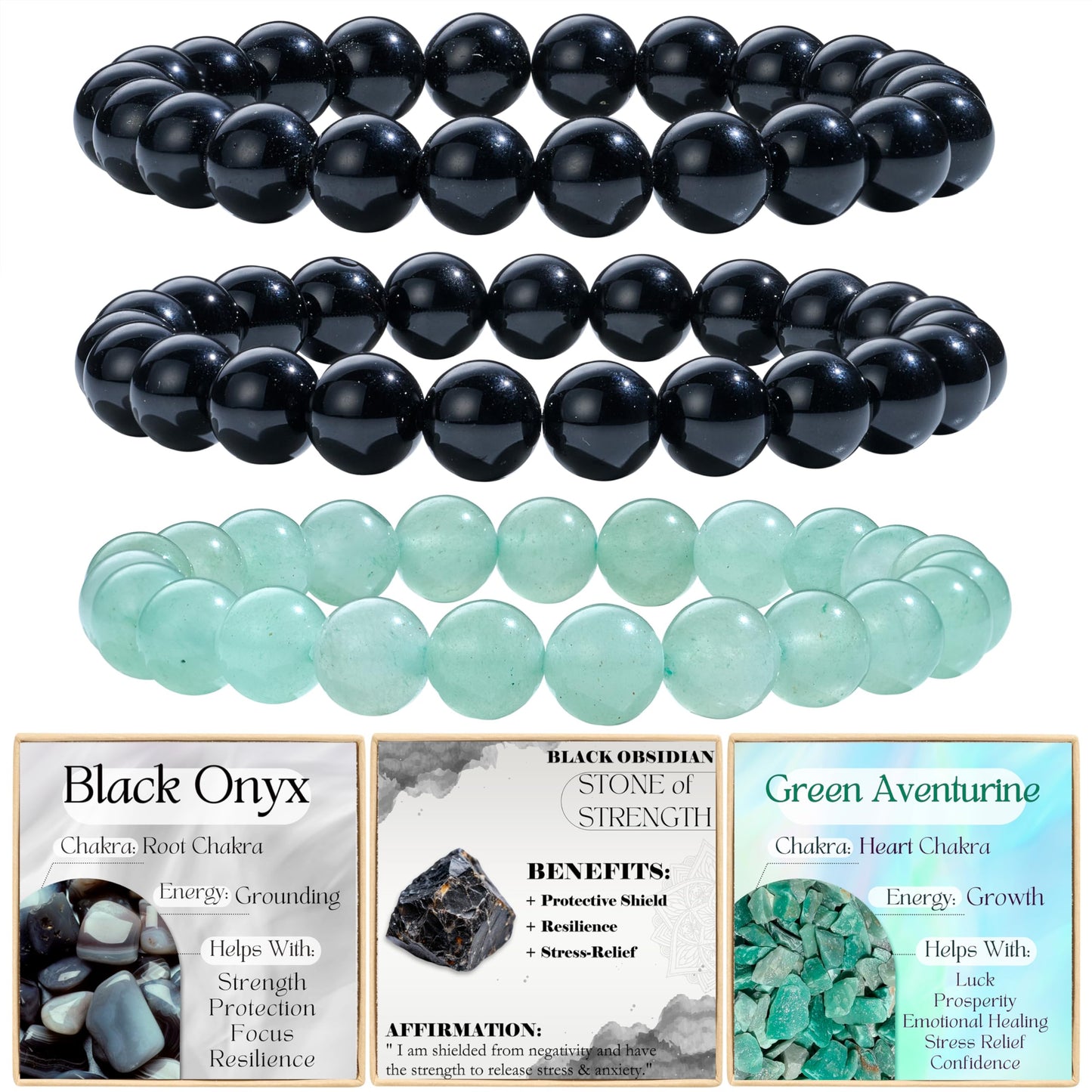 Bivei 3-Piece 8mm Beaded Bracelets for Women – Black Onyx, Black Obsidian, Green Aventurine – Handmade Natural Crystal Stretch Elastic Jewelry for Meditation, Yoga, Protection Gifts