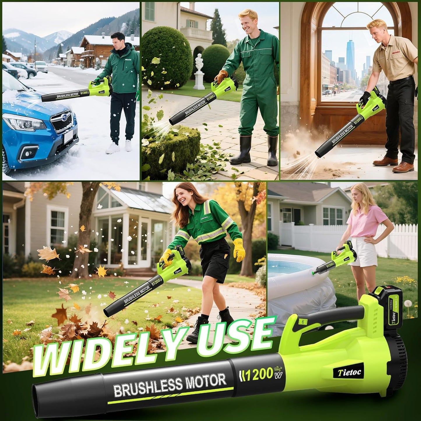 Tietoc Leaf Blower Cordless, 1200W Brushless Electric Leaf Blower with 2 X 4.0Ah Battery, 6 Speed Powerful Leaf Blowers for Garden, Patio, Lawn Care, Gift for Men Dad Husband Fathers (Light Green)