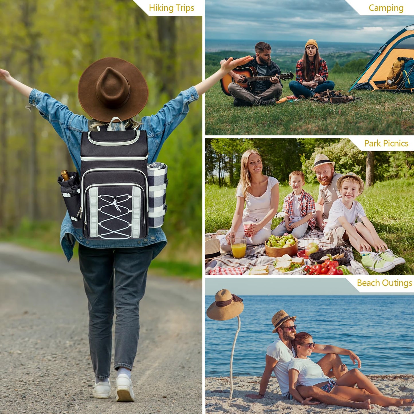 Hap Tim Picnic Basket Backpack for 4 Person with Blanket, Insulated Leakproof Cooler Compartment, Wine Holder, Cutlery Set, Engagement Gifts for Couples, White Elephant Gift Ideas, Black (36221-DG)