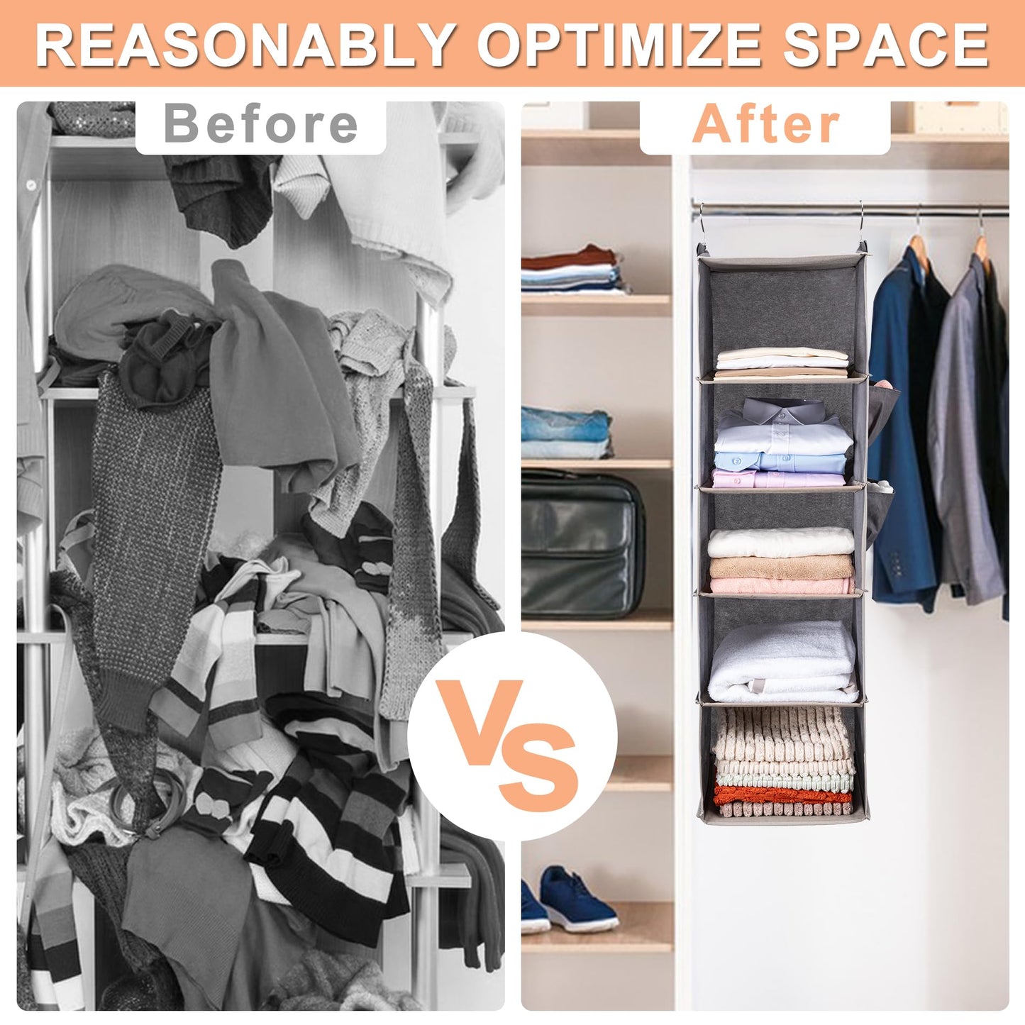 BOOMIBOO Hanging Closet Organize and Shelves，5-Hanging Shelf with 2 Side Pockets，Storage Foldable （Grey）