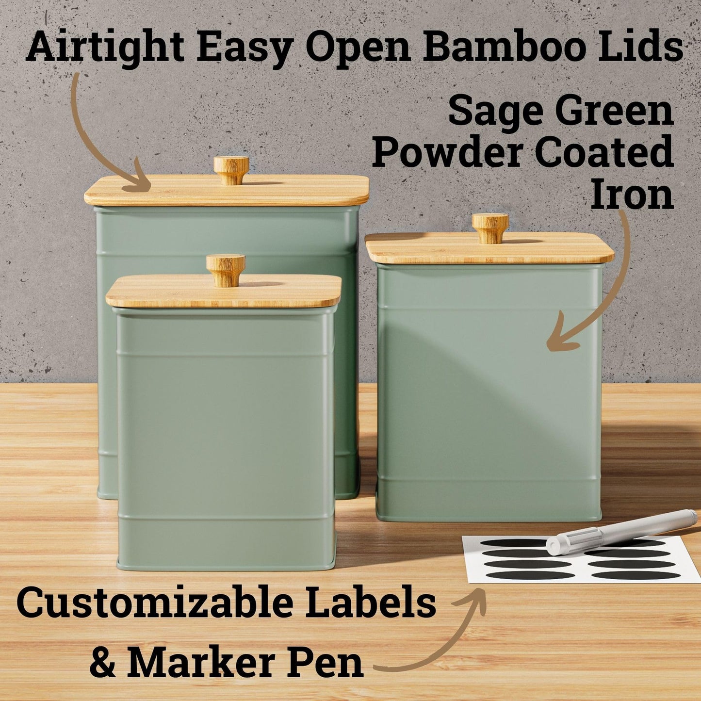 Kitchen Canisters for Countertop Set of 3 with Customizable Chalkboard Labels & Marker Pen - Big Iron Kitchen Canisters with Airtight Lids - Sage Green Canister Set - Flour and Sugar Containers
