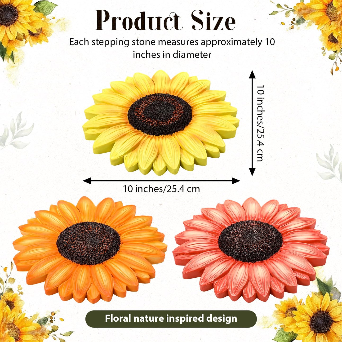Cinnvoice 3 Pack Garden Stepping Stone Outdoor, Decorative Dimensional Resin Stepping Stones for Patio Pathway Landscaping Walkway Sculpture Yard Backyard Lawn(Sunflower,10 Inches)