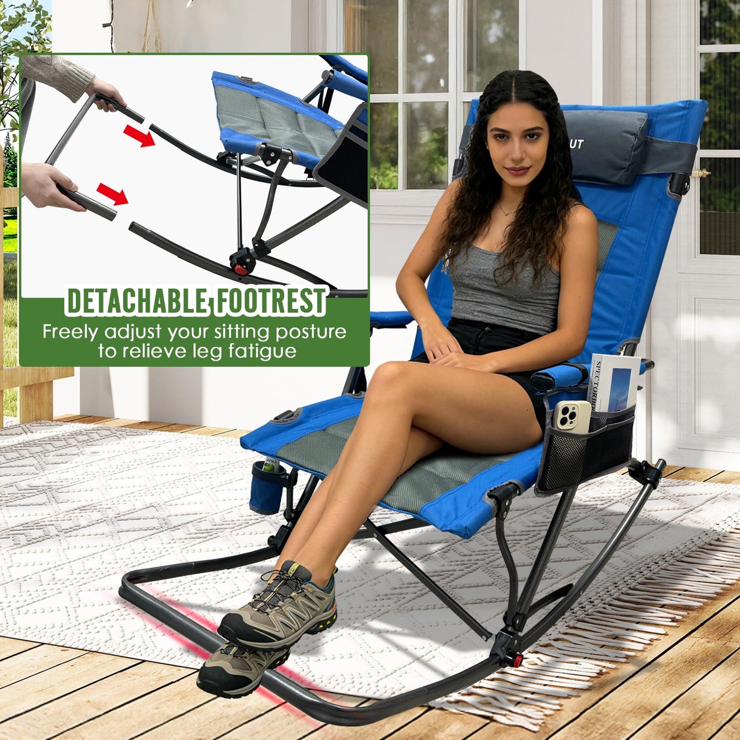 WKFAMOUT 13.8" High Seat Rocking Camping Chair Outdoor with Foot Rest & Headrest, Oversized Folding Rocker Chair with Carry Bag for Lawn Patio Supports 300 lbs