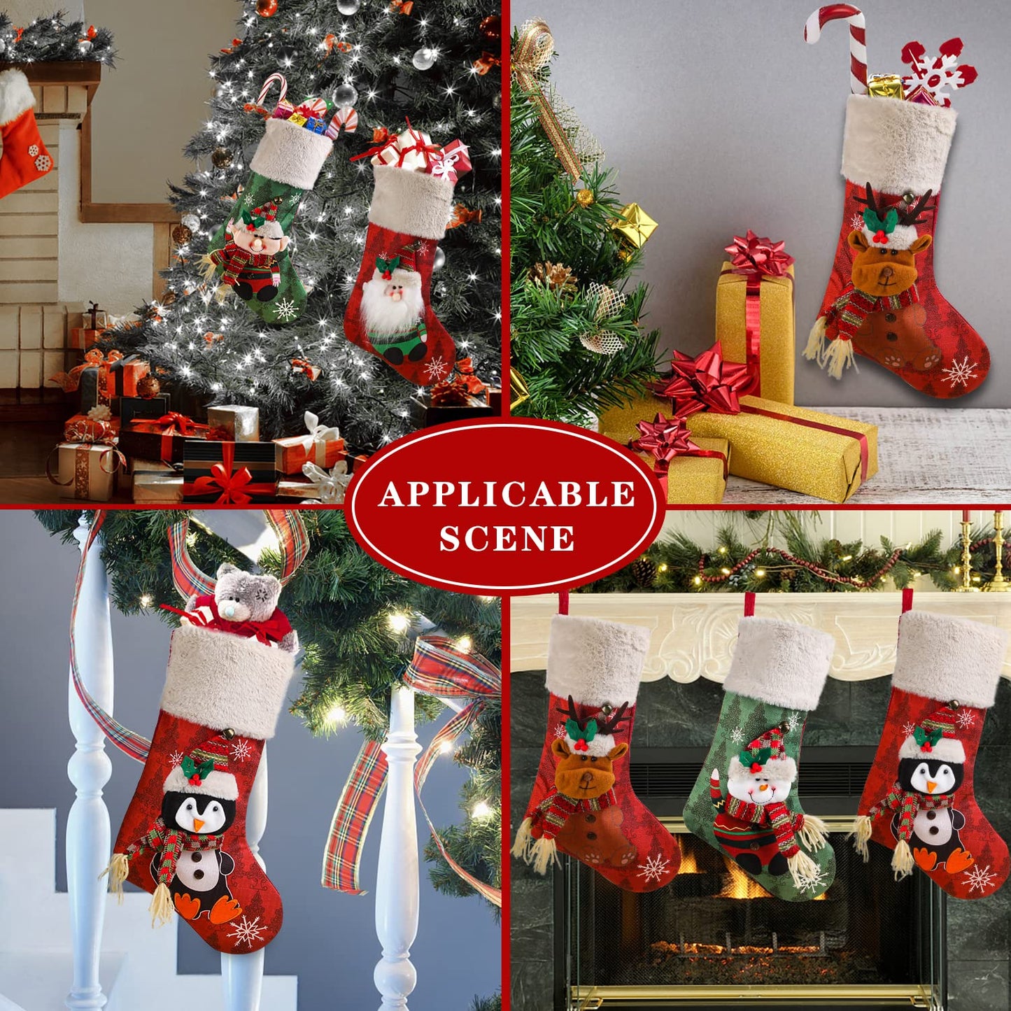 Christmas Stockings Set of 5, Large 18’’ Xmas Stockings Fireplace Hanging Stockings with Plush Cuff, Santa Snowman Reindeer Elf for Holiday Decor,Christmas Tree Decoration (5pcs)