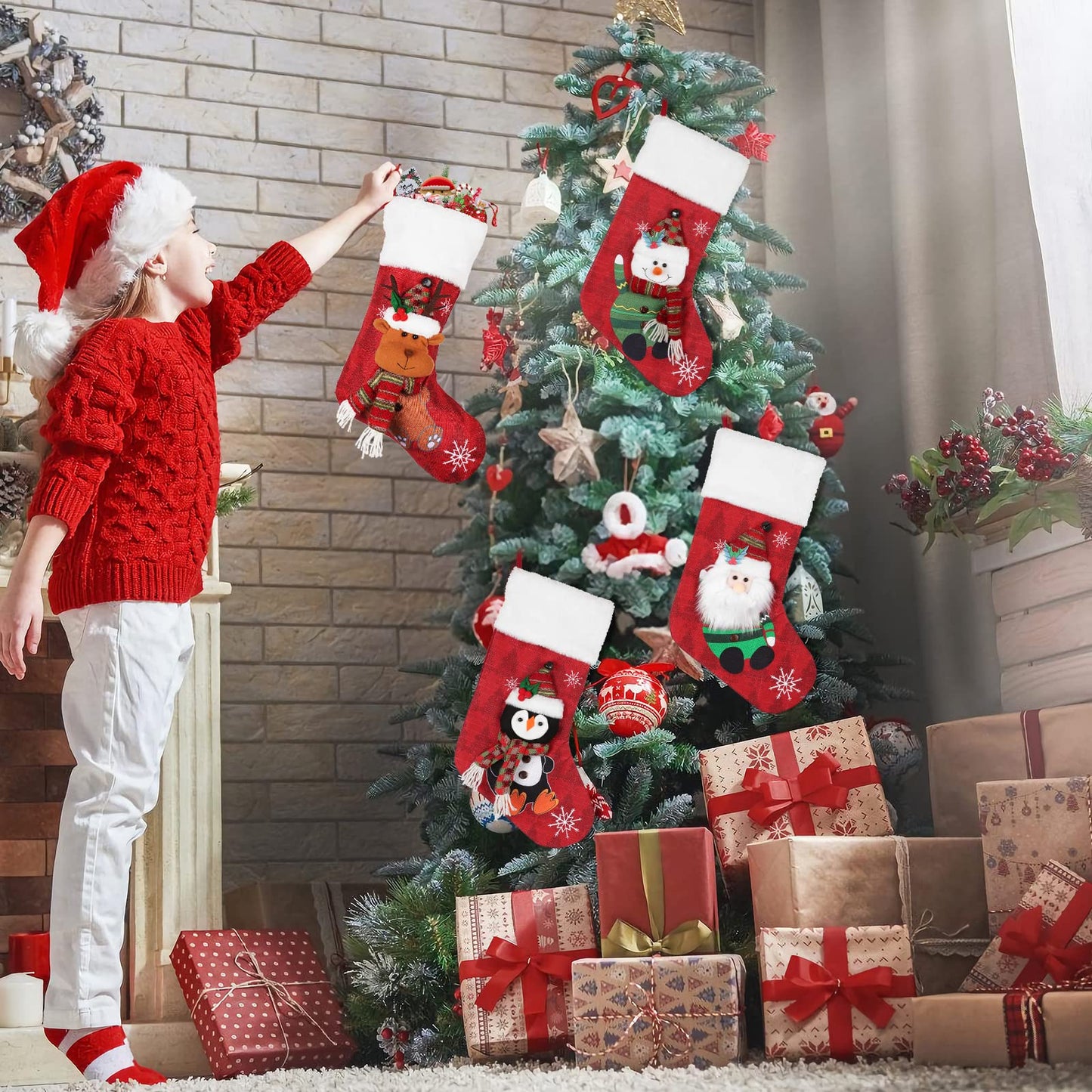 COOLWUFAN Christmas Stockings 4 Pack, 19'' Xmas Stockings with Snowflake Santa Snowman Reindeer Penguin and Plush Faux Fur Cuff Stockings for Stairs Fireplace Hanging Xmas Home Decor