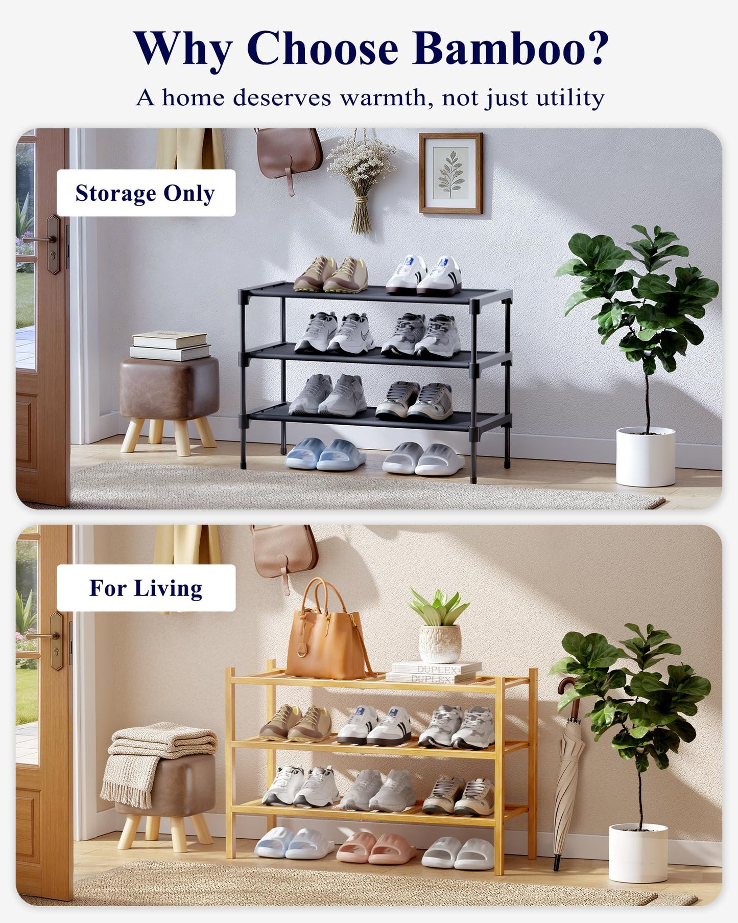 Kitsure Bamboo Wooden Shoe Rack for Closet - Stackable Shoe Organizer with Modular Structure, Space-Saving Shoe Shelf for Entryway, Living Room, Bedroom, 26.8" x 11" x 18.9", Natural