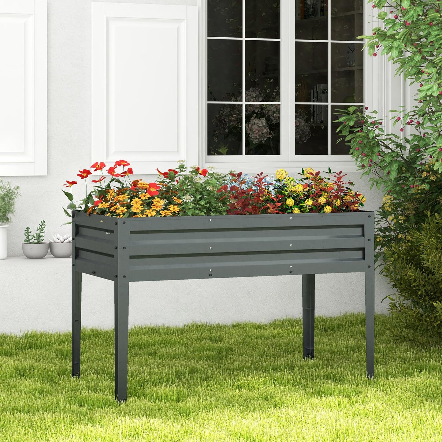 HAPPYGRILL Raised Garden Bed, Galvanized Garden Box with Legs, Drainage Holes, 2 Gloves, Outdoor Planter Box for Garden, Backyard & Patio, 46”x 24” x 32”, Grey