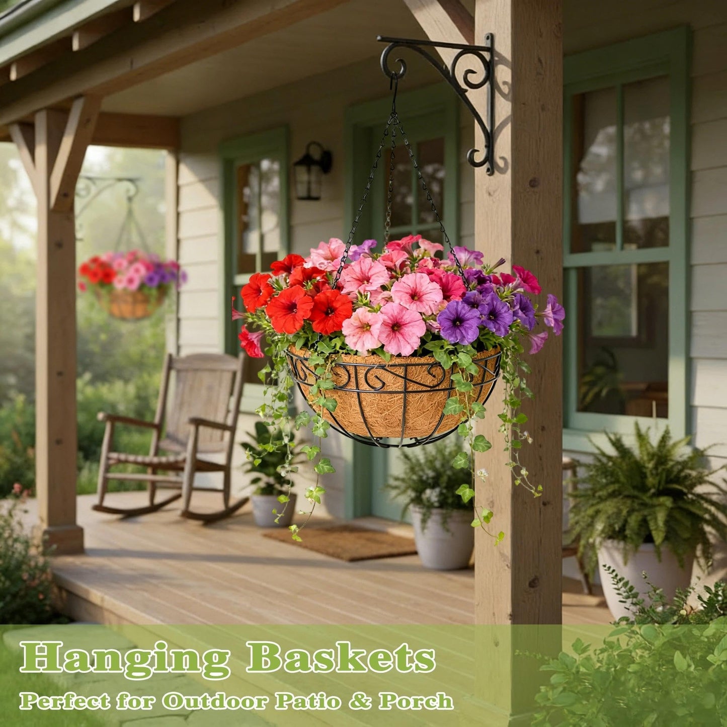 Qusuxi 4 Pack 12 Inch Hanging Baskets for Plants Outdoor Metal Hanging Planter Hanging Flower Baskets with Coco Fiber Liners Chain Round Wire Plant Holder Flower Pots(Plaid)