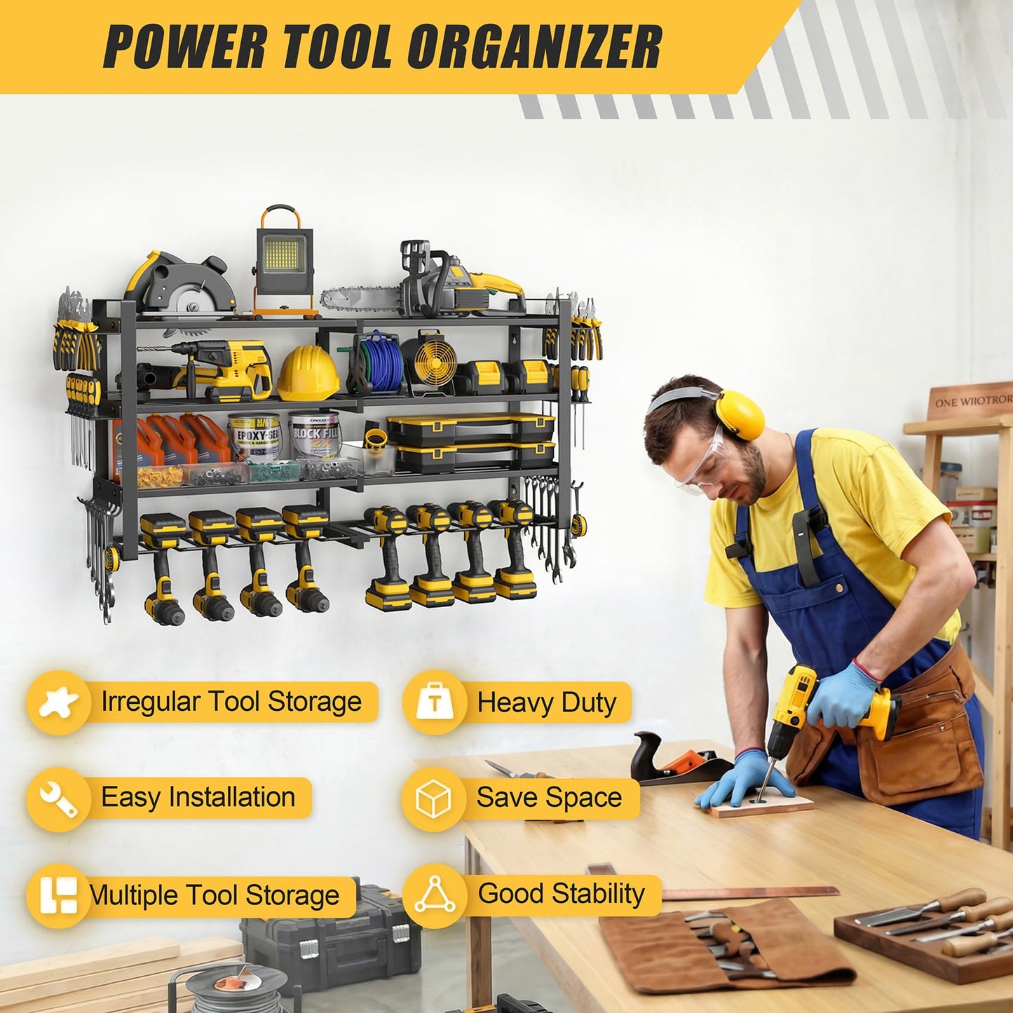 Jusgym Power Tool Organizer Wall Mount |450lbs Garage Tool Storage Rack with 8 Cordless Drill Holder |4-Tier 32''W Heavy Duty Garage Organization |Fathers Day Dad Gifts for Men