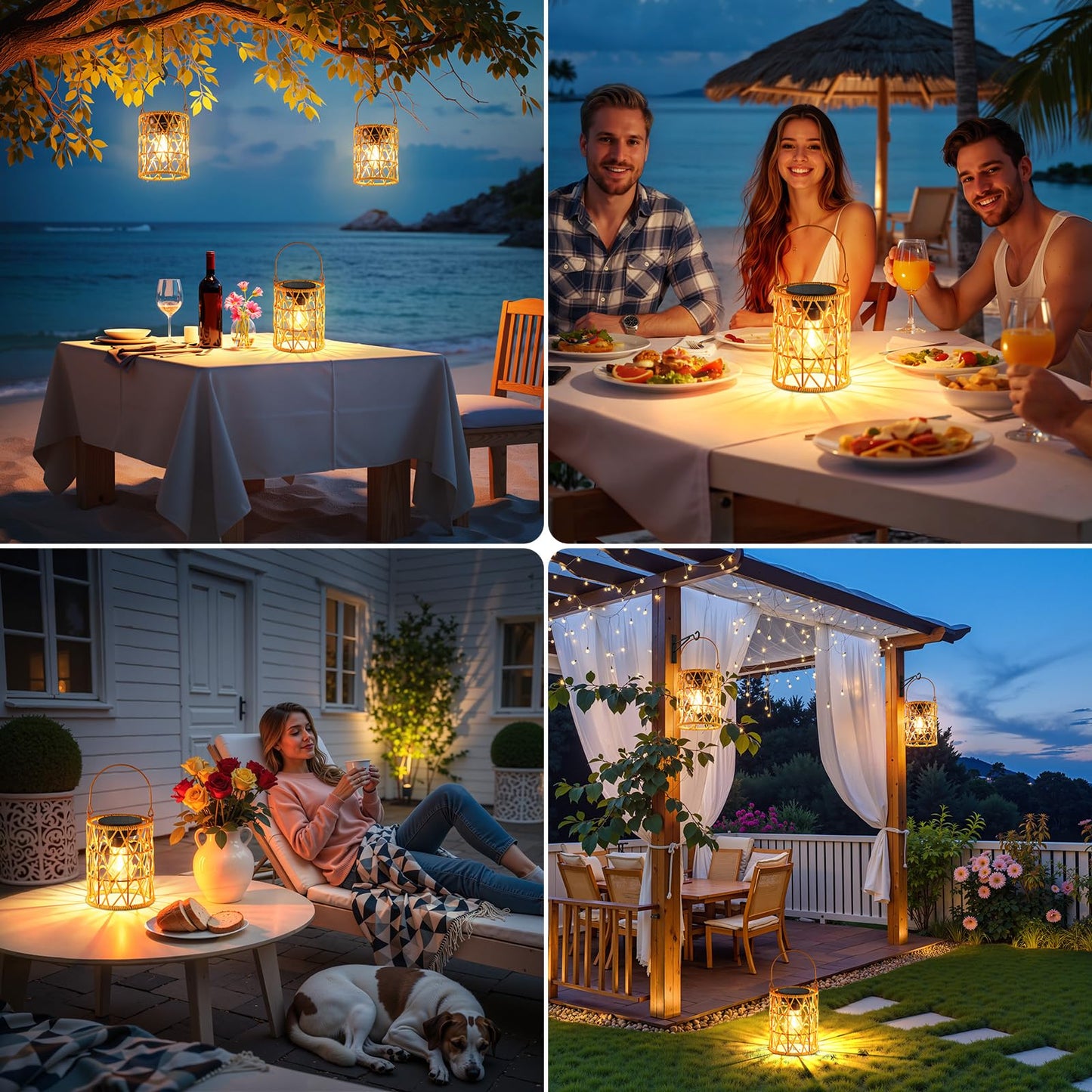 KOOPER Solar Lantern Outdoor Lights, 4 Pack Bright Hanging Solar Lanterns Outdoor Waterproof with Handle, Decoration Rattan Lanterns for Outside Hanging Garden Patio Yard Porch Trees Lawn Pathway Gift