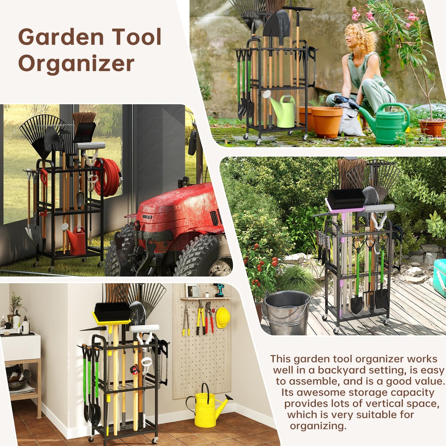 Hadulcet Garden Tool Organizer, Metal Garage Organization and Storage with Lockable Wheels, Garden Tool Rack with Storage Hooks, Heavy Duty Yard Tool Organizer for Garage, Shed, Lawn, Outdoor, Black